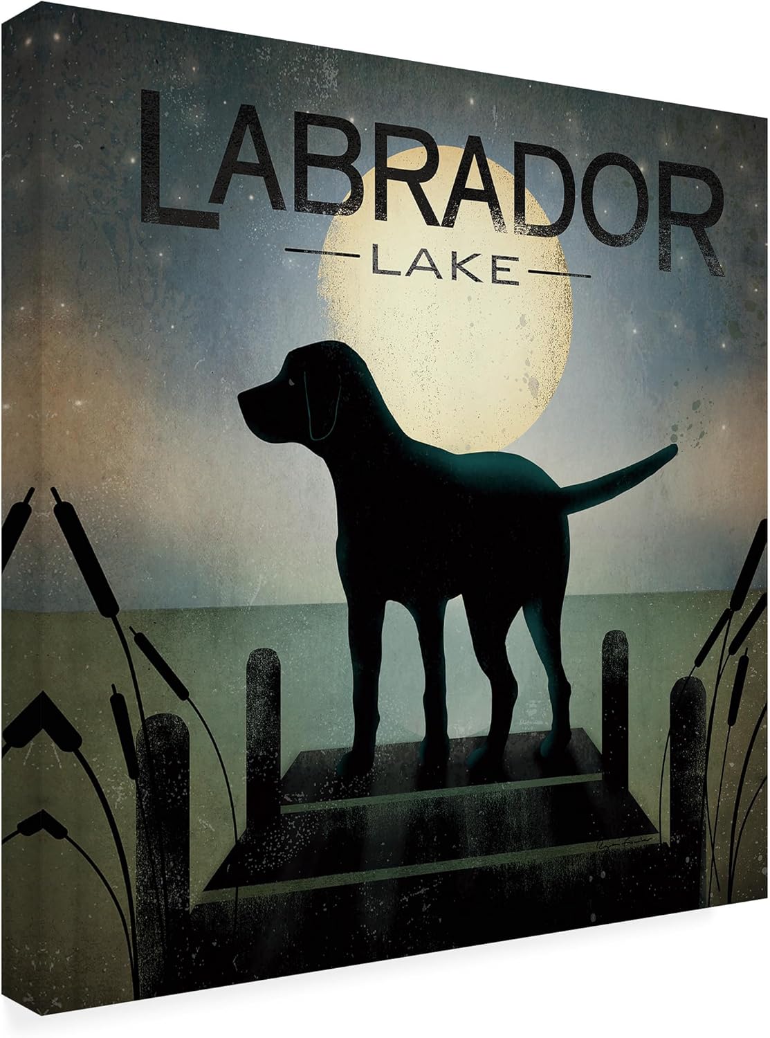 Wrapped Canvas Wall Art - Ryan Fowler 'Moonrise Black Dog Labrador Lake' Wall Art for Living Room, Bedroom, or Office Décor - 24x24