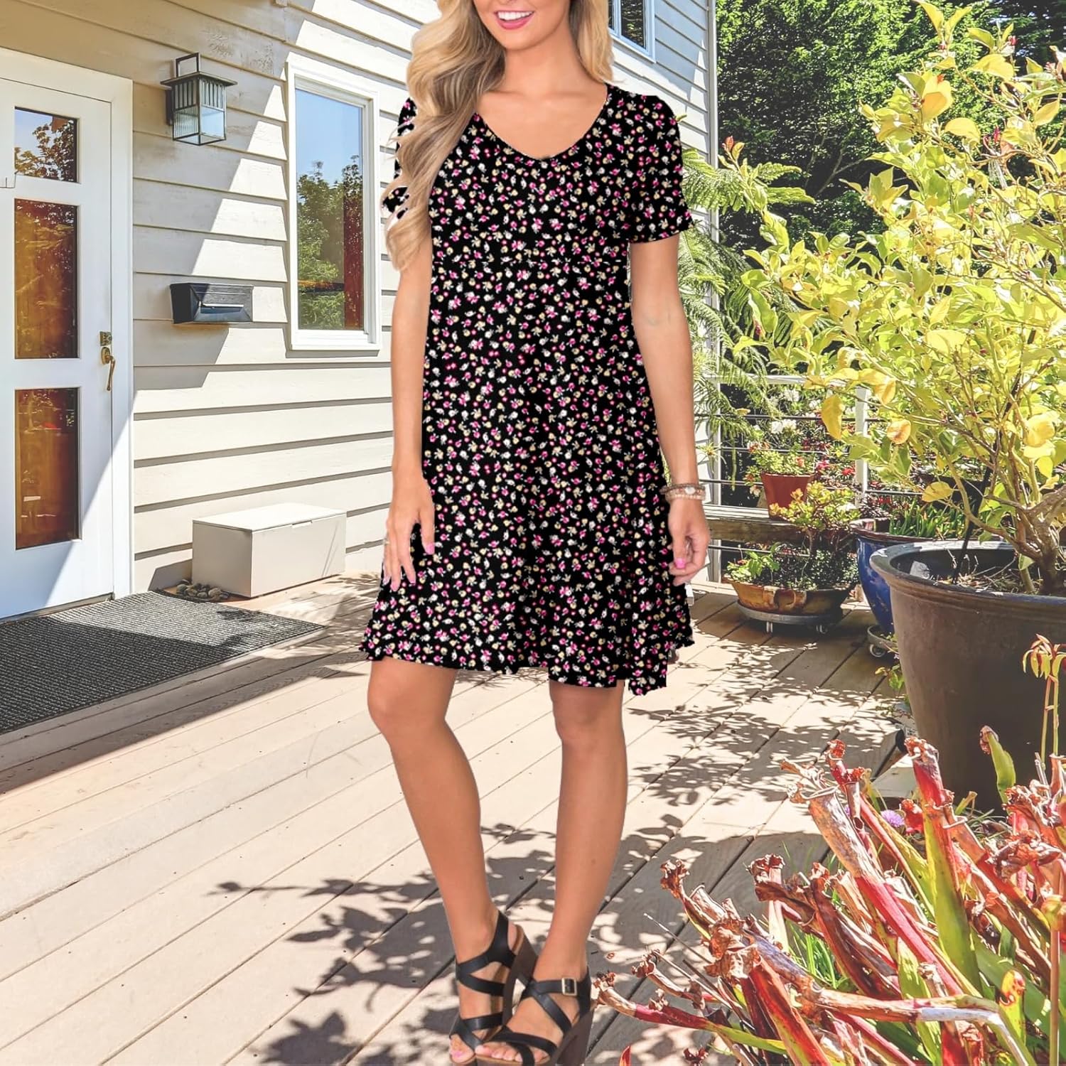 Women's Casual T Shirt Dress Summer Short Sleeve Swing Dresses with Pockets - Image 3