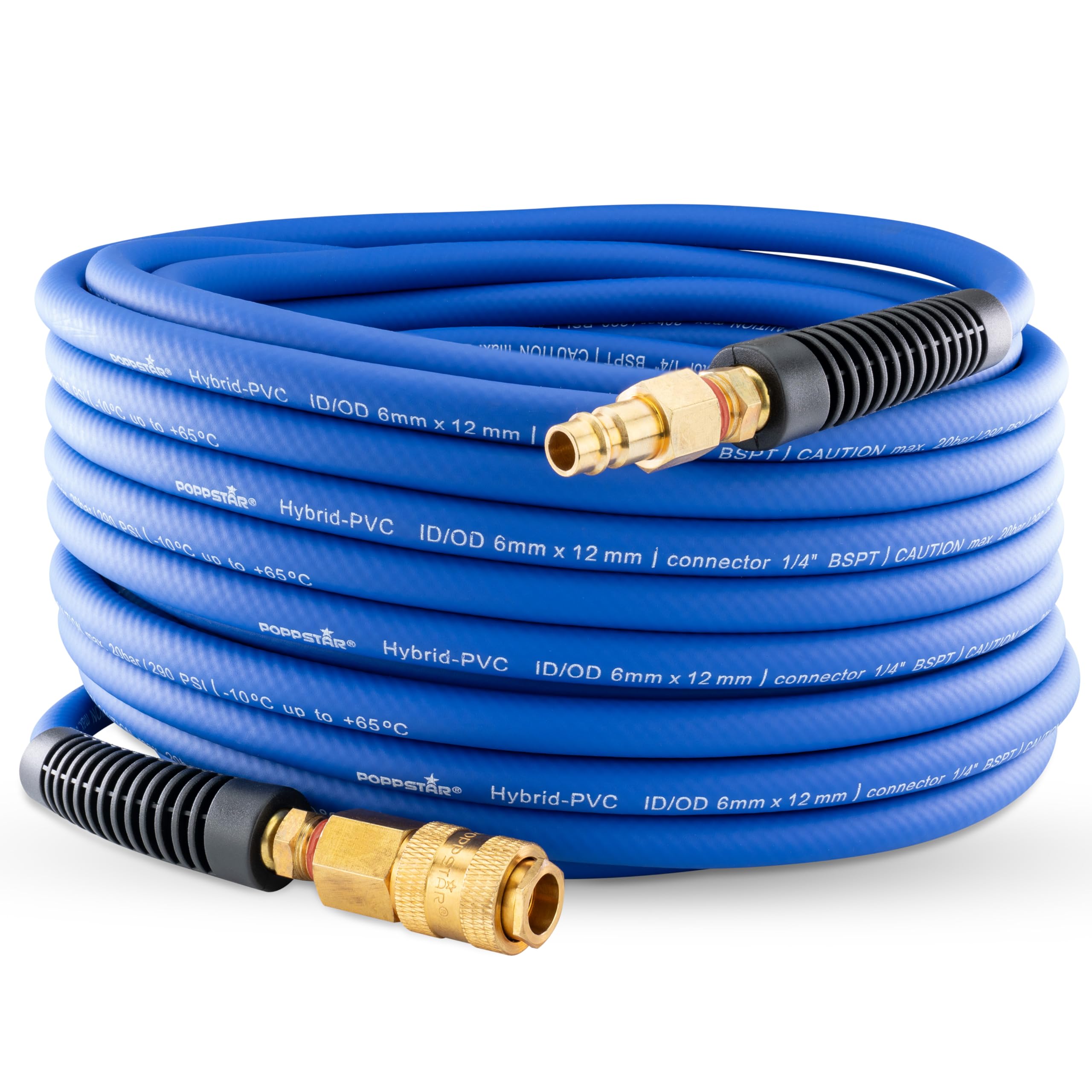 Poppstar PVC Hybrid Compressed Air Hose 5m, ID 6mm, Brass Quick Coupling 1/4", 20 bar, Blue