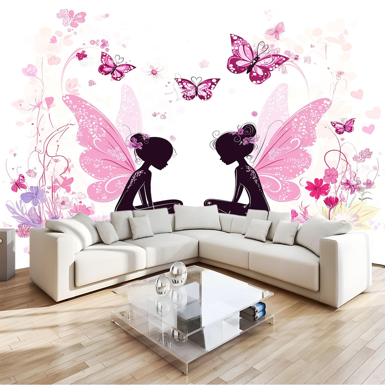 Générique Papier Peint intissé Fille Papillon Rose Dessin Animé 350x256 cm Papier Peint Photo Panoramique, Poster Geant Mural Personnalisé 3D, pour Salon Cuisines Chambre Adulte Enfant Décor Murale