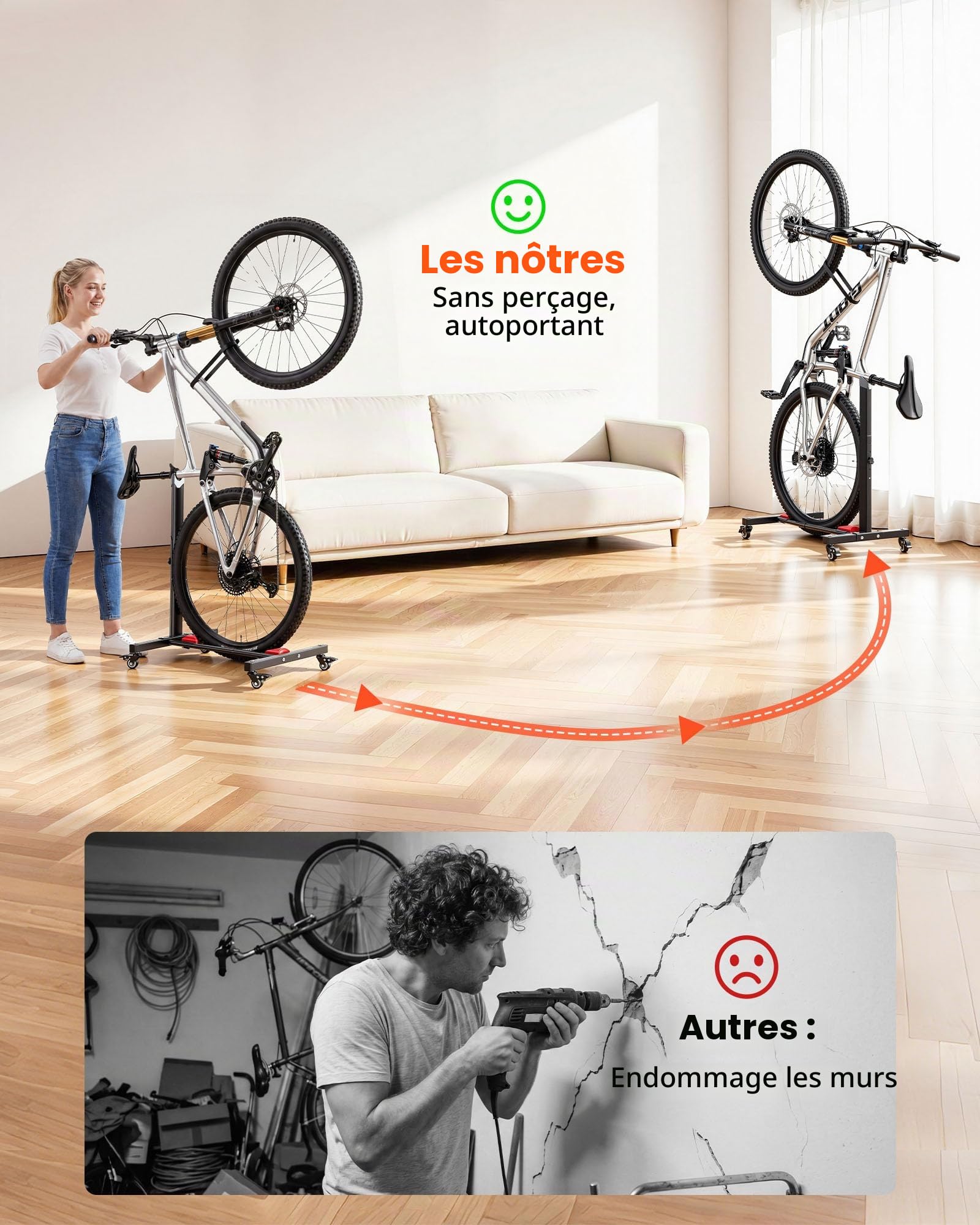 VEVOR Support Vélo Vertical Lot de 2, Support de Vélo au Sol Autoportant avec Roulettes Verrouillables, Hauteur Réglable, Rangement Vertical et Horizontal, Acier au Carbone, pour Roues de 508 à 737 mm