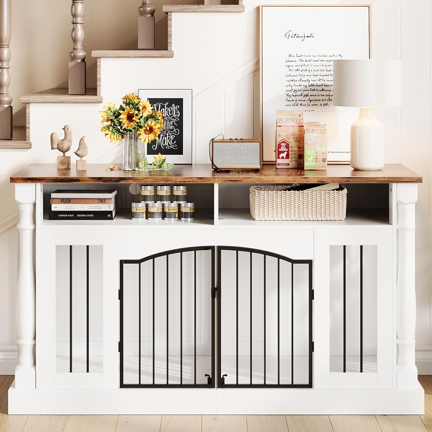 GarveeHome Roman Column 63 Inch Large Dog Crate Furniture for 2 Dogs with Open Storage, Heavy Duty Dog Kennel Entertainment Table TV Stand for Small and Medium Dogs