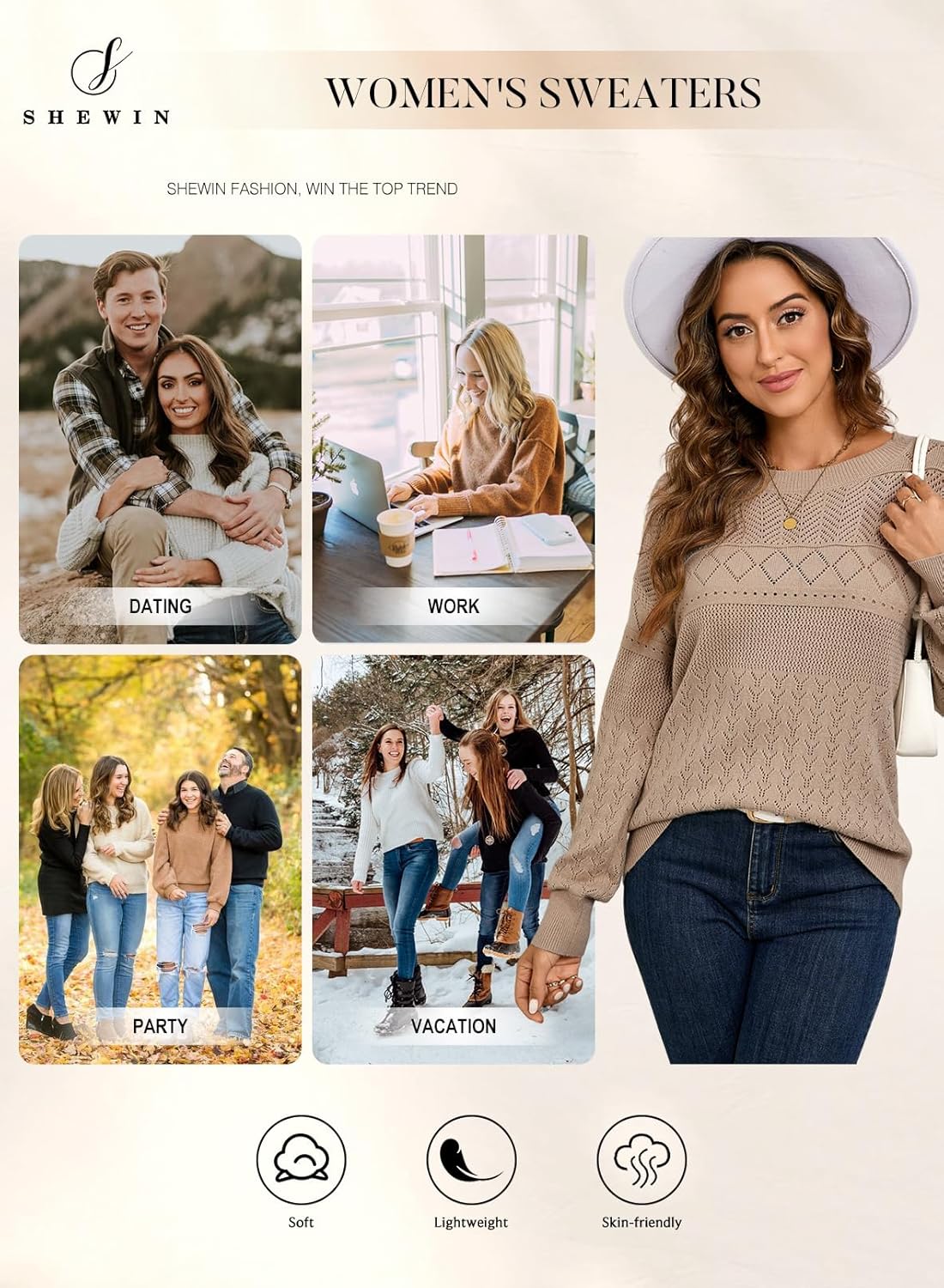 SHEWIN Fall Sweaters for Women Casual Crewneck Long Sleeve Crochet Pullover Tops Sweater - Image 4