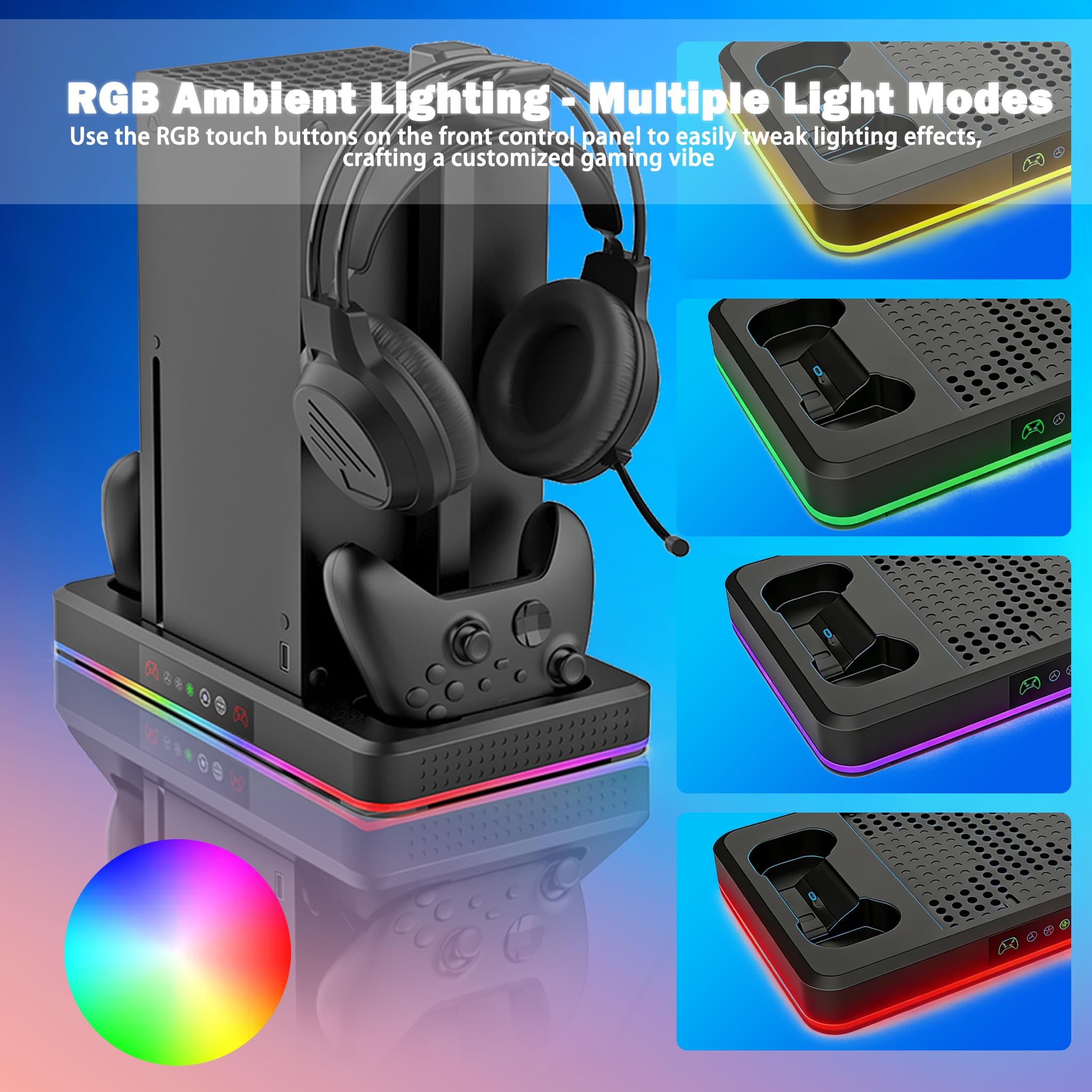 Ventola di raffreddamento verticale automatica e doppia stazione di ricarica per Xbox Series S/Series X con illuminazione ambientale RGB, grande ventola turbo, supporto per cuffie, filtri antipolvere