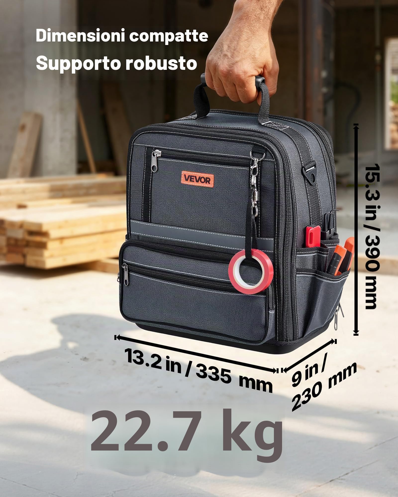 VEVOR Borsa Portautensili 335mm, 34 Tasche, Organizer Portatile per Attrezzi con Base Rigida in Plastica, Ampia Apertura a Cerniera, Tracolla Regolabile, Resistente all'Acqua, per Fai da Te e Cantiere