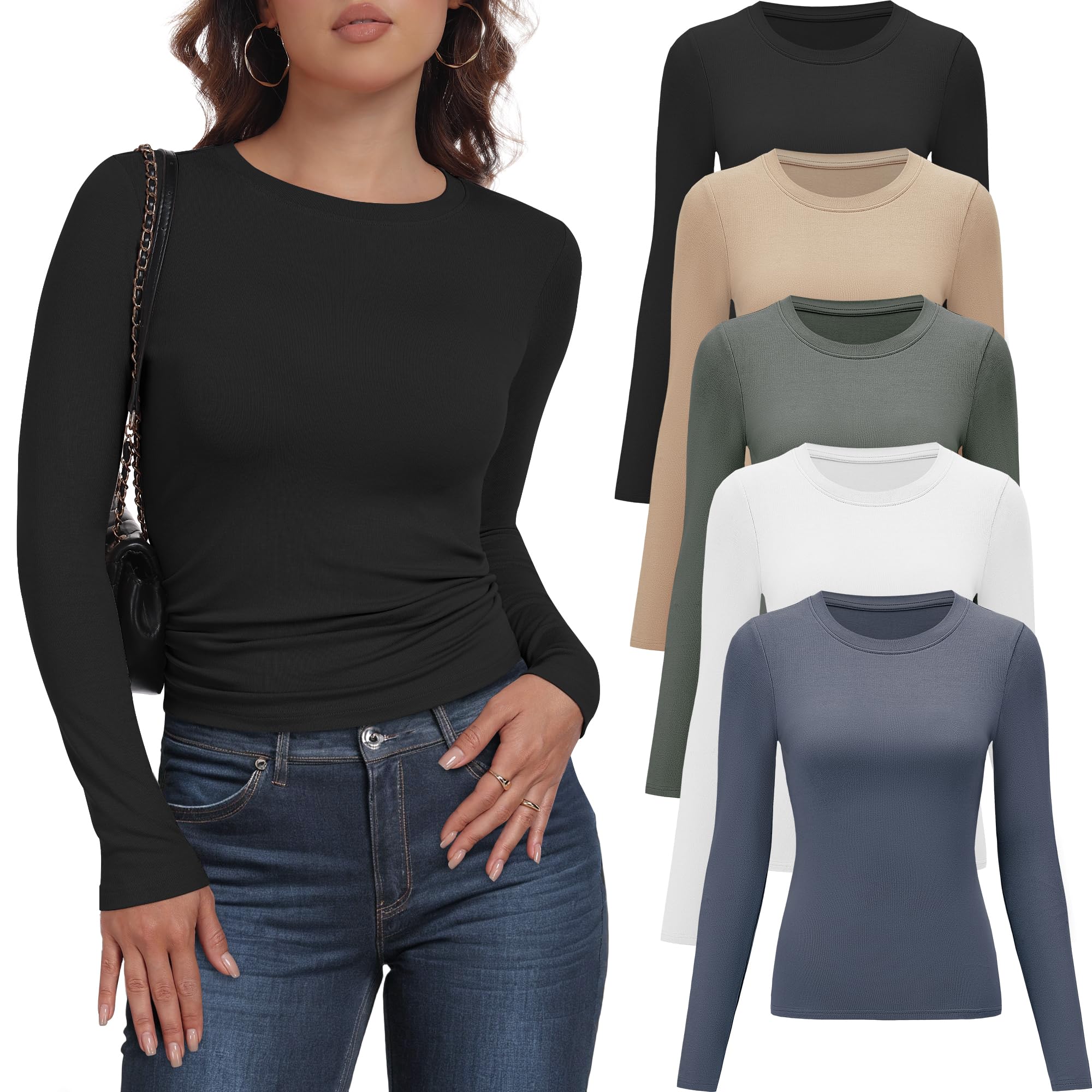 Lot de 5 Tee Shirt Hauts Essentiels à Manches Longues pour Femmes Coupe ajustée Extensibles Col Ras du Cou t-Shirts Respirants à Superposer
