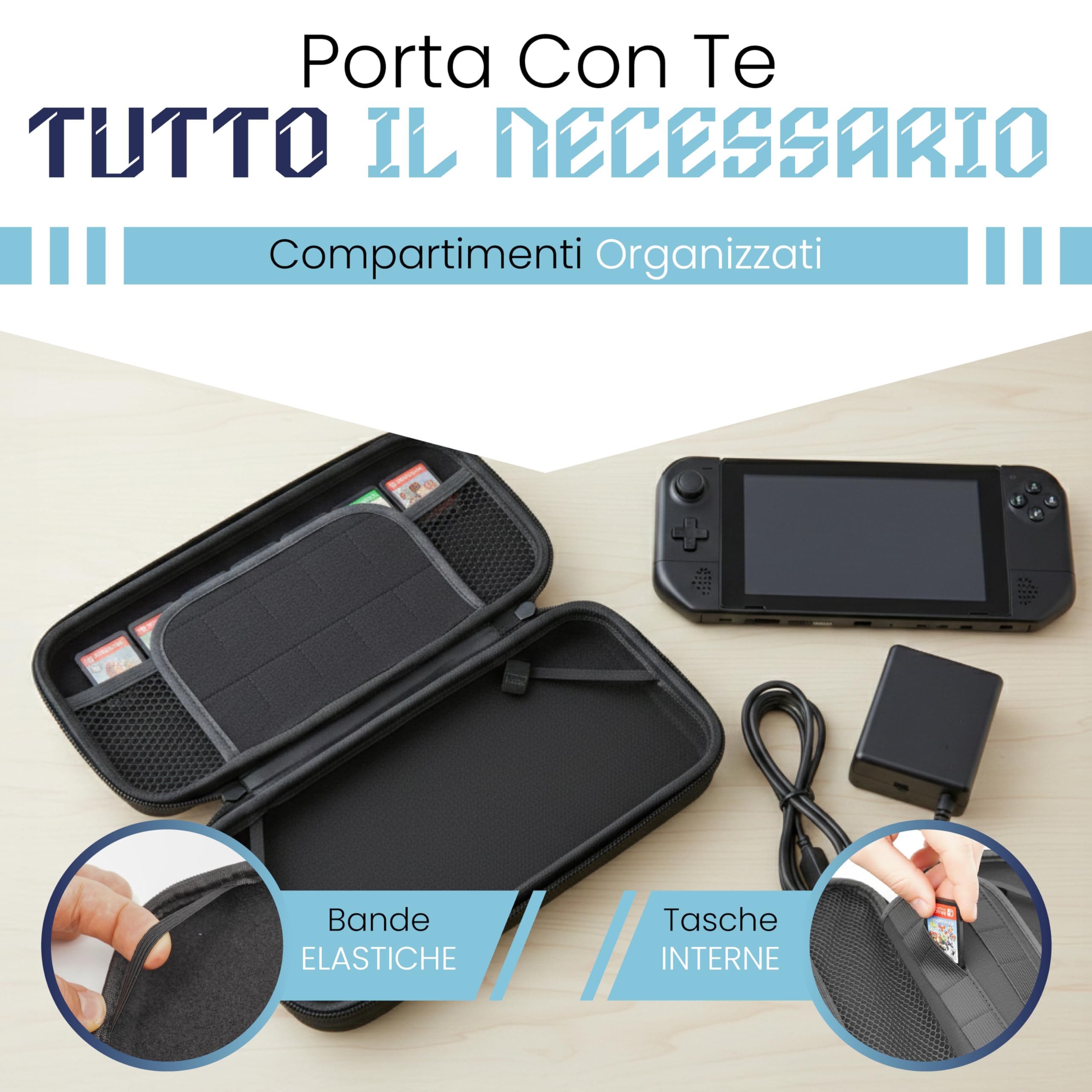 Custodia Rigida Compatibile con Switch e Switch OLED, Case Protettivo in EVA Antiurto con Interno Morbido, Porta Console con Slot Giochi e Tasche Accessori, Cover da Viaggio con Zip Rinforzata - 4