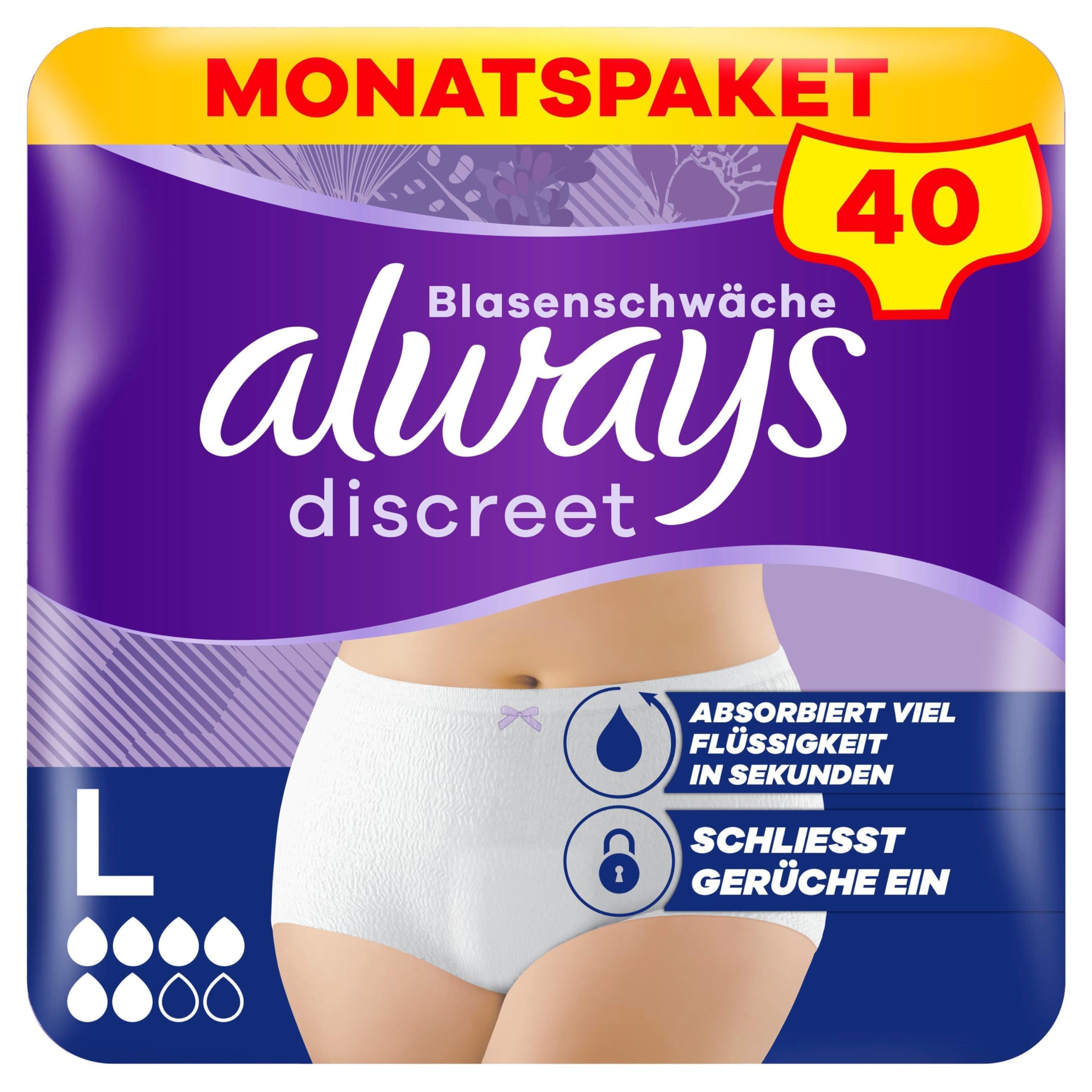 Always Discreet Inkontinenz-Höschen Normal Für Frauen, L, 40 Höschen, Verhindert Auslaufen Und Gerüche, Angenehm Und Kaum Spürbar