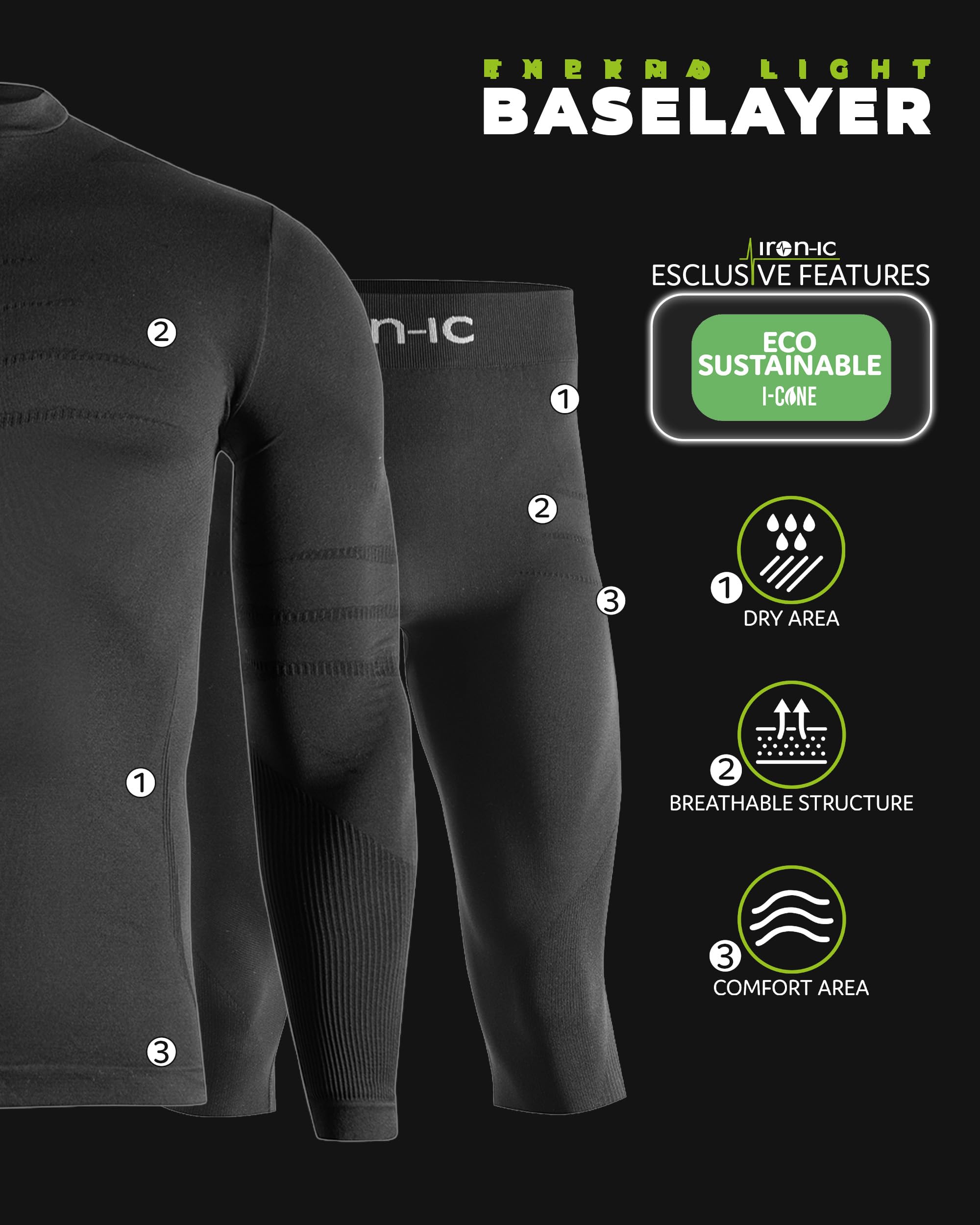 Iron-Ic - Kit térmico para hombre con camiseta de cuello alto y mallas 3/4 transpirables para actividades al aire libre - Art. 900482