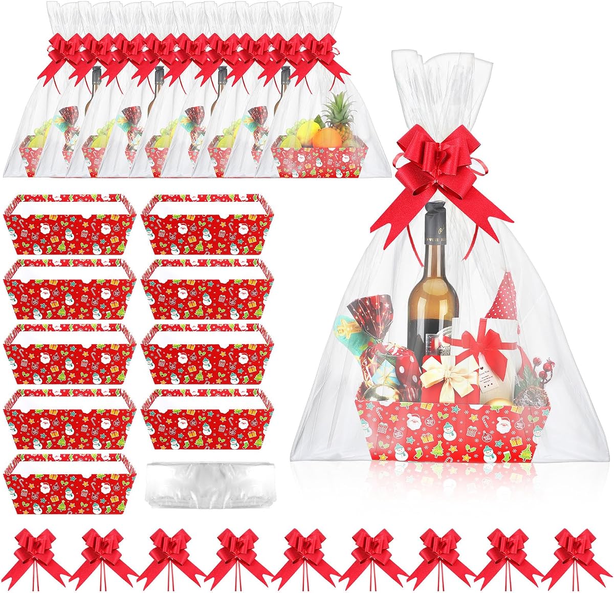 Cholemy 27 piezas de cestas de regalo de Navidad vacías, bolsas de Navidad con asas de lazos rojos | Cestas de copos de nieve con asas, bolsas transparentes para botellas de vino, pajaritas rojas, Kit de suministros para fiestas de cumpleaños y bodas