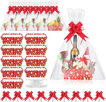 Cholemy 27 Pcs Christmas Baskets for Gifts Empty, Include Gift Baskets Empty with Handles Basket Bags and Red Pull Bows Cardboard Bags Kit for Xmas Birthday Holiday Wedding Party