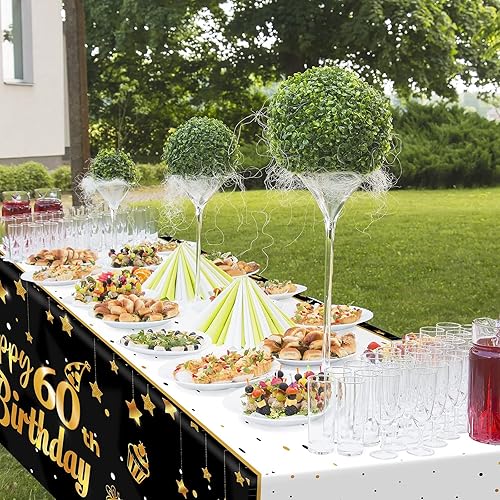 Miniatura 6 de Ruisita Paquete de 2 manteles rectangulares para fiestas de cumpleaños 60 en interiores o exteriores, color negro y dorado