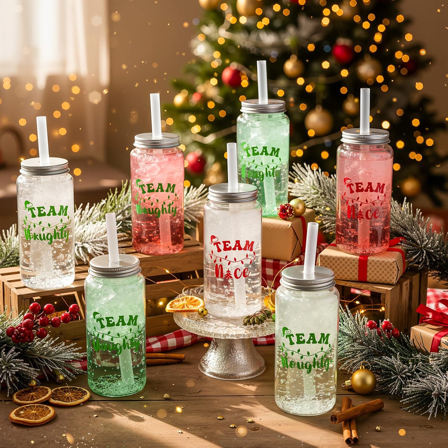 Vesici 24 Pack Christmas Party Plastic Cups with Lid and Straw 13.5 oz Team Naughty or Nice Clear Reusable Plastic Tumbler Christmas Printed Design for Party Birthday Supplies - Image 2