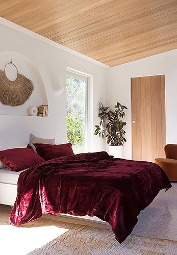 Miniatura 5 de Sophia Art - Juego de cama de terciopelo de rayón de 3 piezas, estilo bohemio, funda de edredón de un solo color, funda de colcha (granate, tamaño