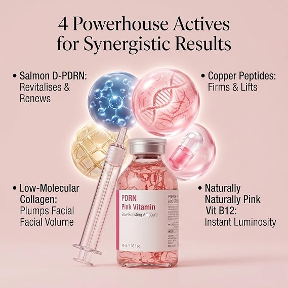 PDRN Pink Vitamin Glow Boosting Ampoule, PDRN Face Serum for Anti-Ageing & Firming, Intensive Collagen Serum with Multi Peptides & Hyaluronic Acid, Korean Skincare 40ml