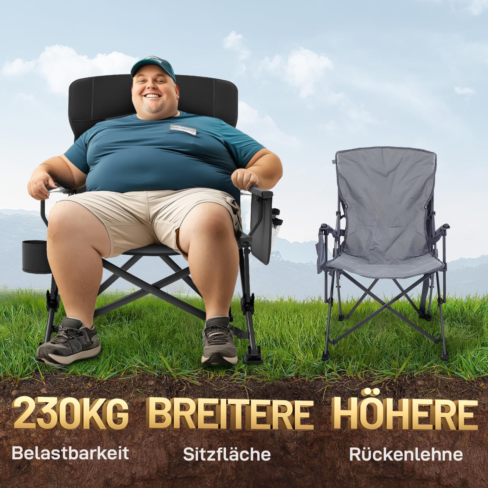 EVER ADVANCED Campingstuhl Faltbar 230KG Belastbar XL Lendenwirbelstütze | Klappstuhl 62cm Sitzbreit mit Seitentasche Getränkehalter Übergroß Faltstuhl Angelstuhl für Camping Outdoor Balkon Garten