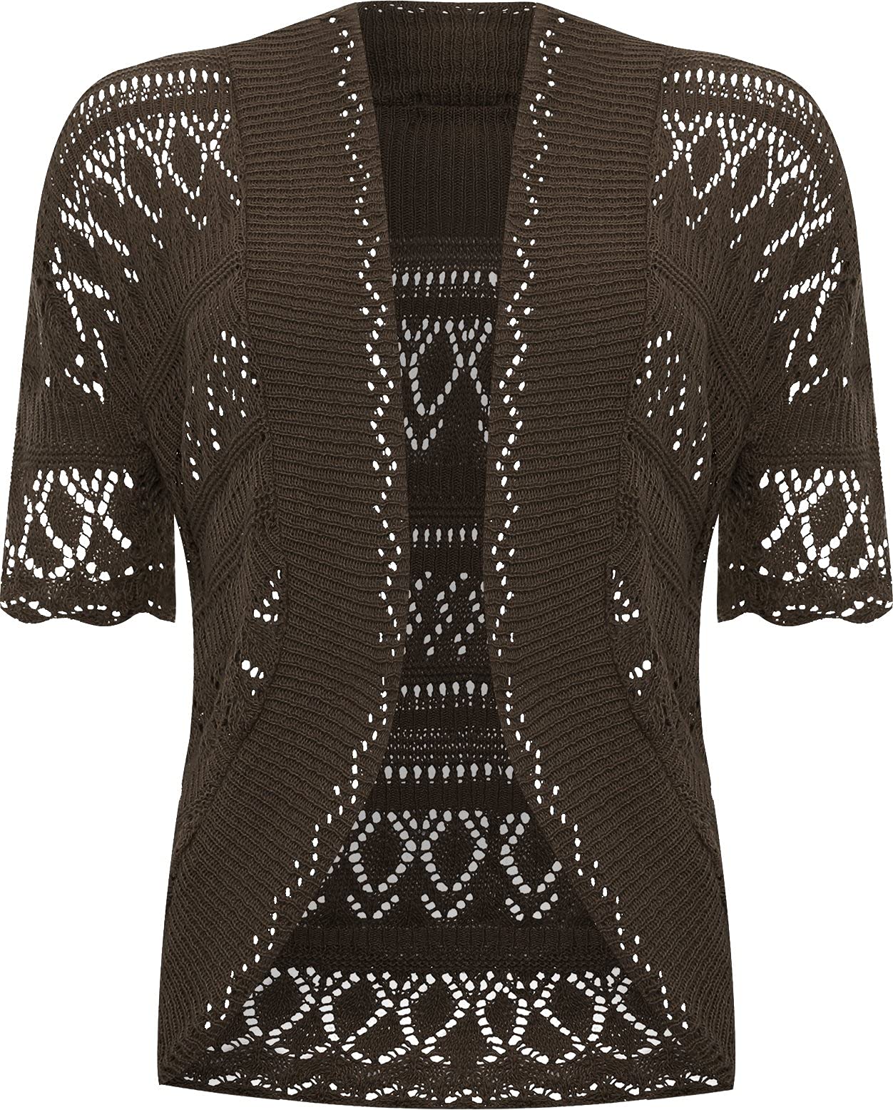 WearAll Women's Plus Knitted Crochet Short Sleeve Top Shrug Ladies Open Cardigan - Dark Brown 20-22