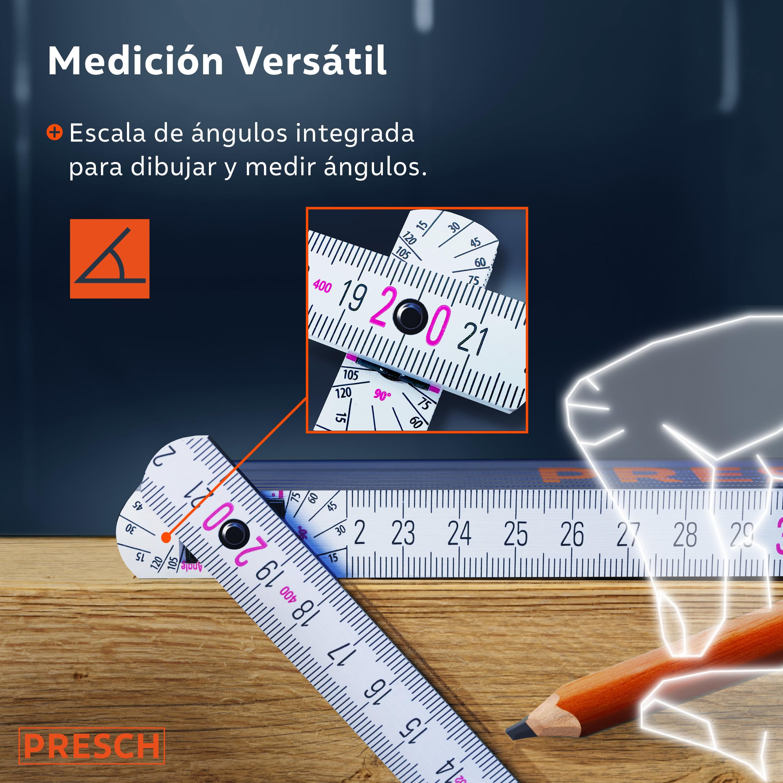 Presch Set de Metros plegables de 2 metros con escala de ángulo | 6 piezas | Madera | Naranja/Azul | Números grandes y altamente legibles | Encaje preciso | Metro de madera, Metro de carpintero