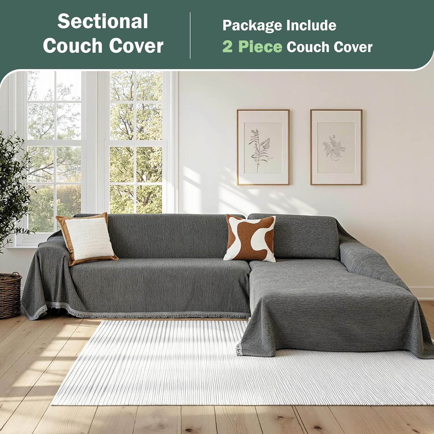 MEETSKY Sectional Couch Cover, 2 Pieces Sofa Covers Washable, Chenille Couch Covers for 2 Cushion L Shaped Sofa Slipcover Multi-Use Furniture Protector for Dogs (X-Large, 71"x118"+71"x118", Dark Grey)
