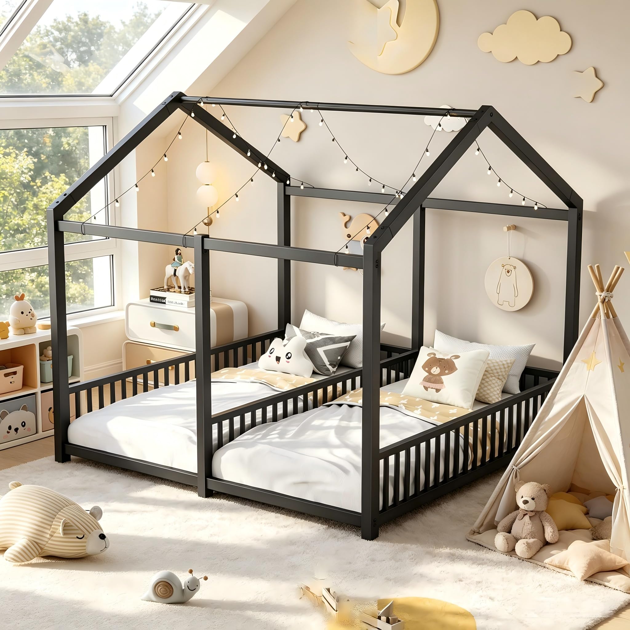 Assembled PVWIIK Twin Montessori Floor Bed in black, featuring a house-shaped roof and guardrails, suitable for two twin mattresses.