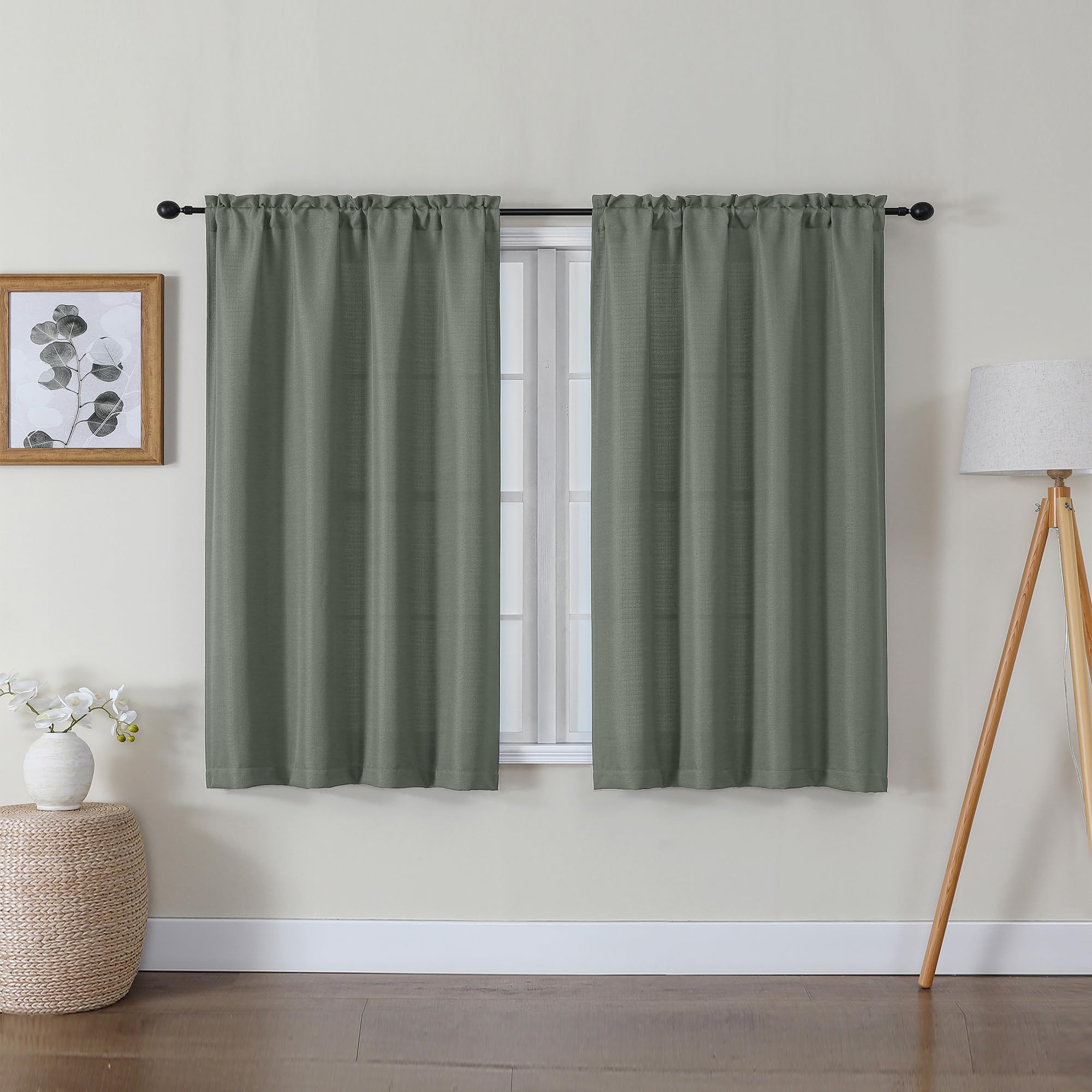 Lecloud Bessie Olive Green Short Curtains 45 Inch Length 2 Panels, Faux Linen Light Filtering Curtains with Dual Rod Pocket, Farmhouse Small Window Curtain for Bedroom Living Room, Each 30 W x 45 L โ image 1