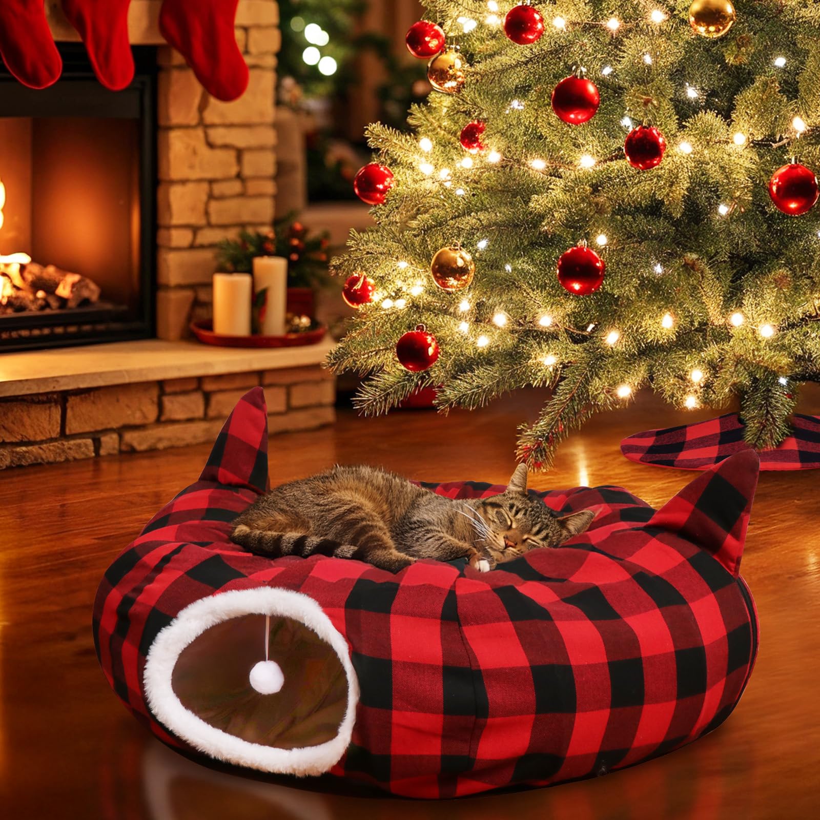 OurWarm Katzentunnel mit Weihnachtsbaumrock, Katzenbetten für Indoor-Katzen mit hängendem Ball, Büffelkariert, Weihnachtsdekorationen, Katzenhöhle für Katzen und Kleintiere, Innen- und