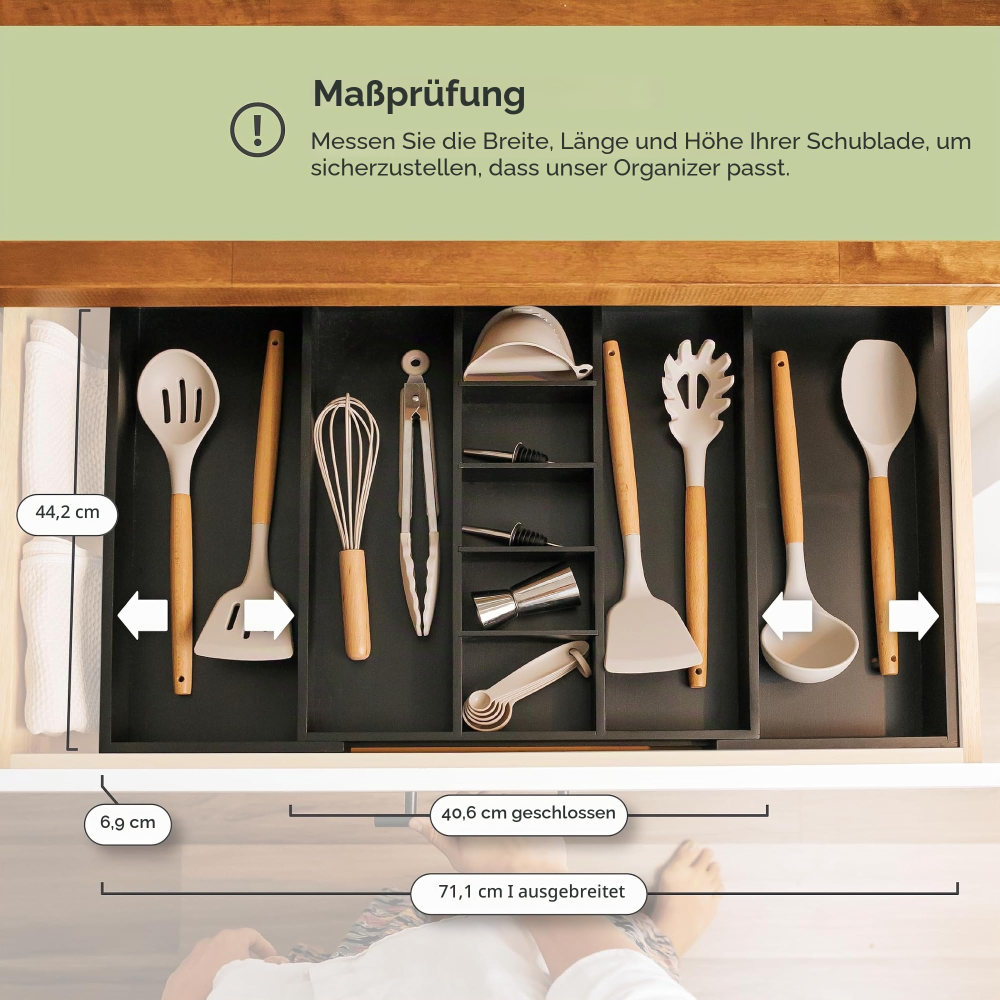 KitchenEdge Verstellbarer Küchenschubladen-Organizer für Utensilien und Müll, erweiterbar 40,6 bis 71,1 cm breit, 9 Fächer, lebensmittelechtes schwarzes Finish mit 100% nachhaltigem Bambusholz Küche, Haushalt & Wohnen