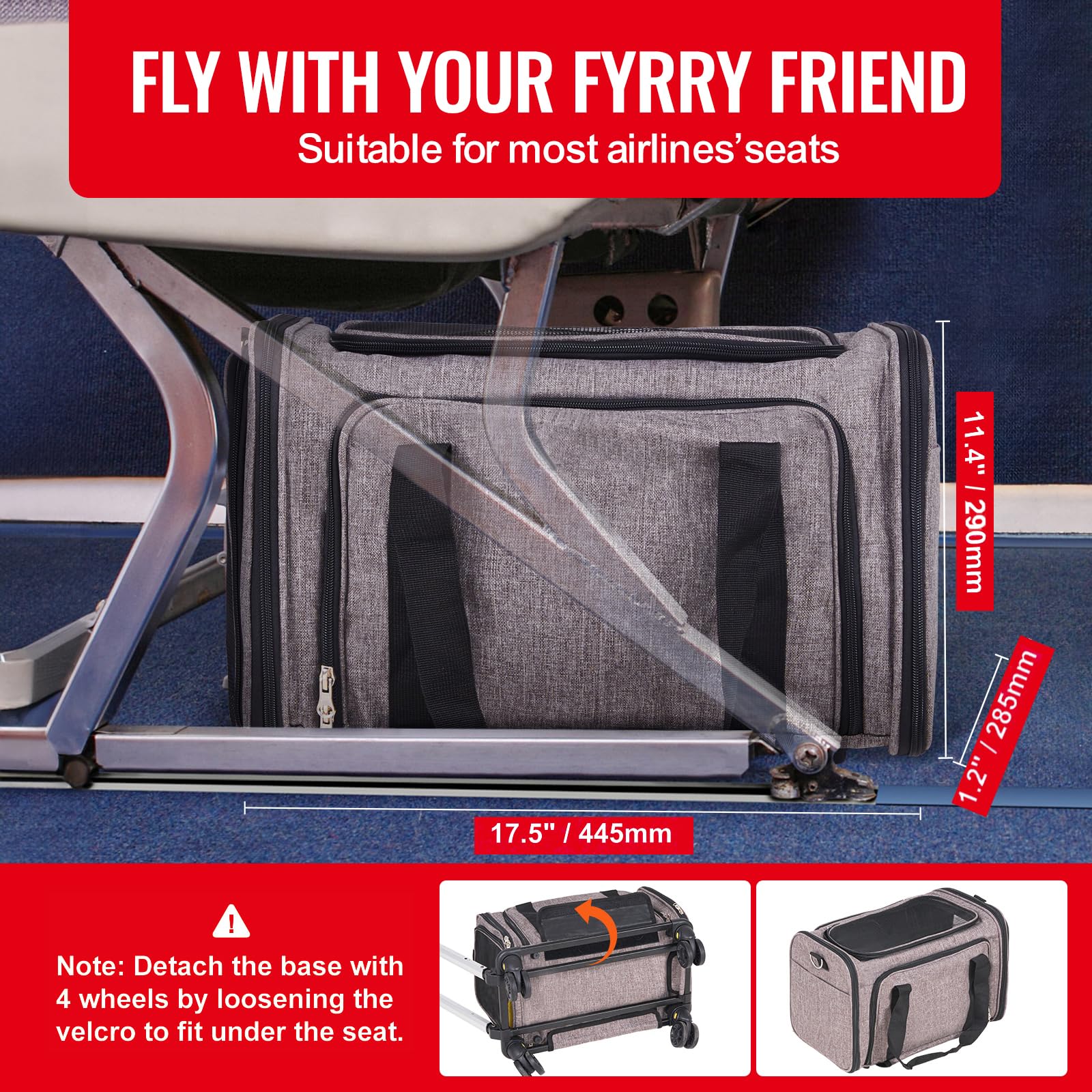 Happybuy Cat Carrier with Wheels, Airline Approved, Rolling Pet Carrier with Telescopic Handle, Shoulder Strap & Folding Bowl, Holds Pets up to 25 lbs, Grey