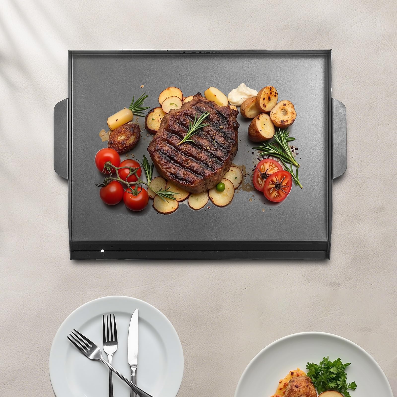 VEVOR 502 x 370 mm prostokątny uniwersalny grill ze stali węglowej z płaską powierzchnią, żelazko gazowe do grilla, przenośne rodzinne przybory kuchenne z uchwytem, czarny