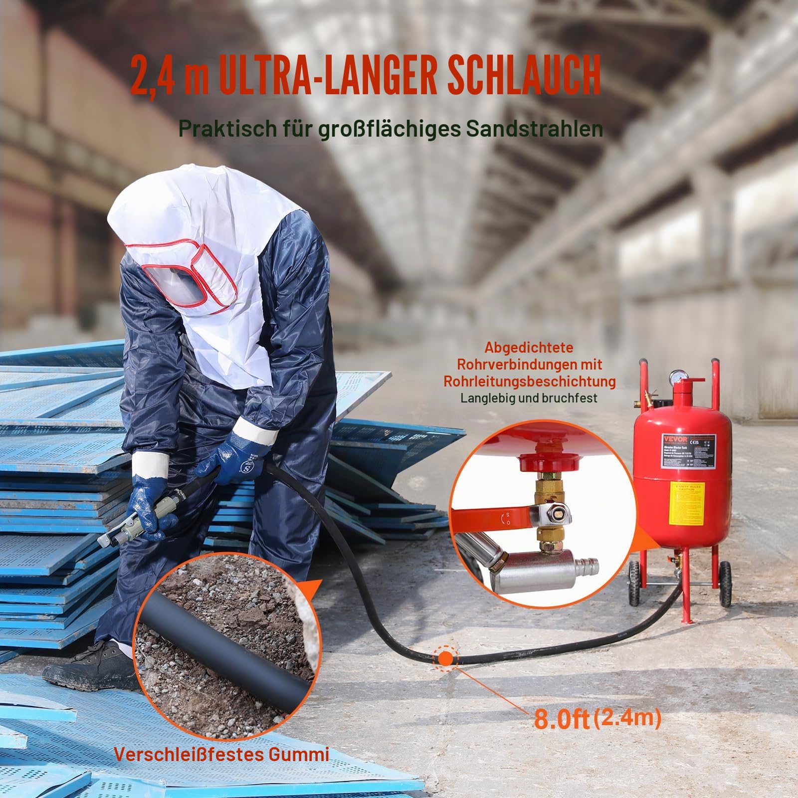 VEVOR Sandstrahlen, 40 L Sandstrahlmaschine, 60-125 PSI Mobiler Sandstrahler mit Zubehör, 2,4 mm, 2,7 mm, 3,2 mm, 3,6 mm Keramikdüsen Sandstrahlerrohr, 2,5 m Schlauchlänge Siphon-Schleifeinheiten