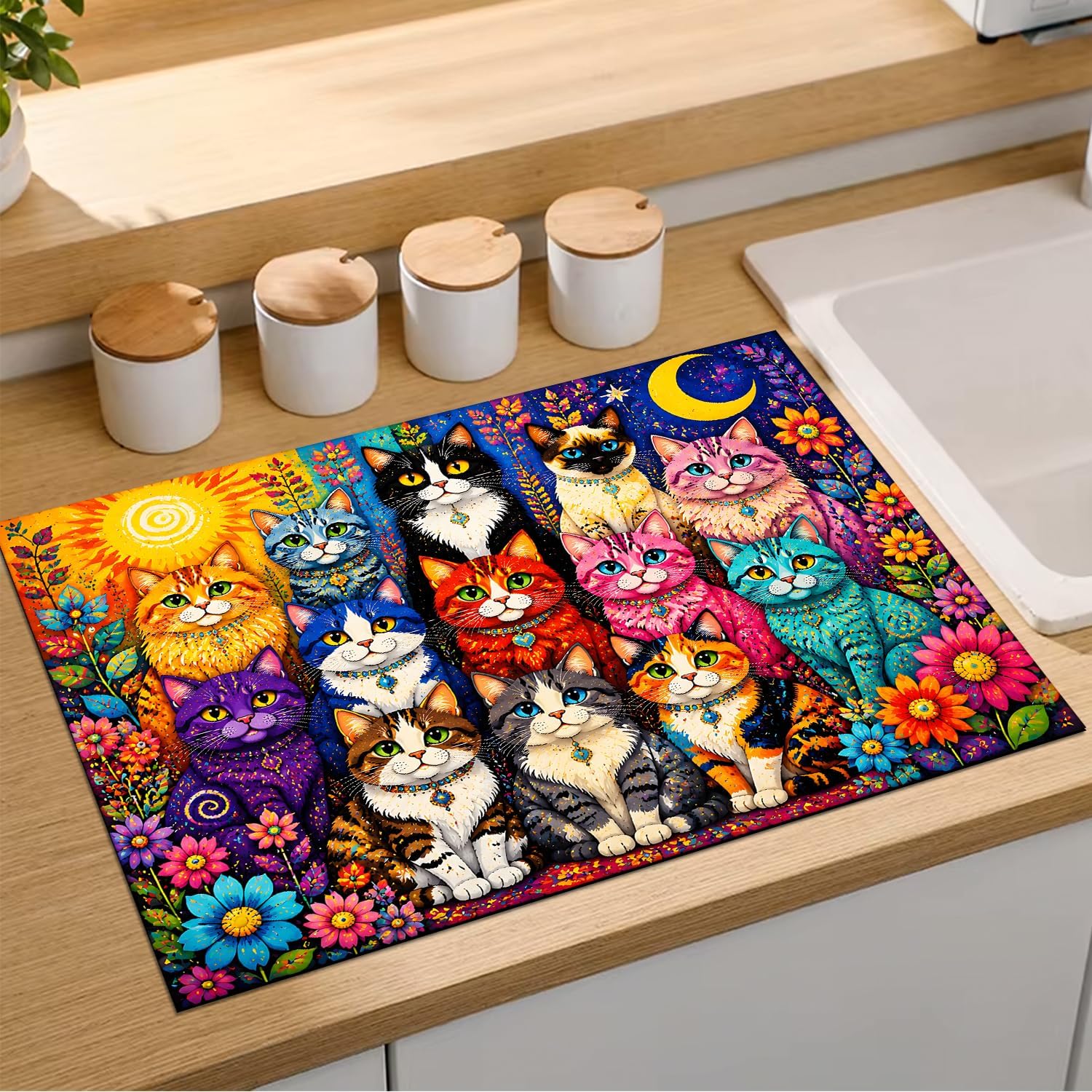 Colorful Cats Dish Drying Mat 18x24 Inch, Cute Celestial Sun Moon Cats
