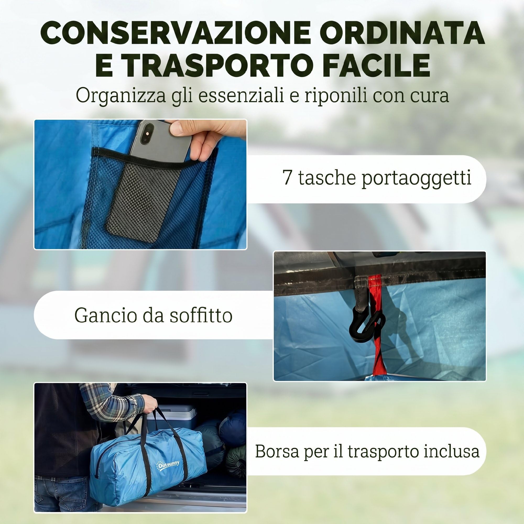 Outsunny Tenda Campeggio a Tunnel per 2-4 Persone 200cm 2 Stanze Azzurro | Tenda da Campeggio Familiare, Impermeabile 3000mm, Veranda, 6 Finestre, Gancio, Borsa Trasporto, per Trekking