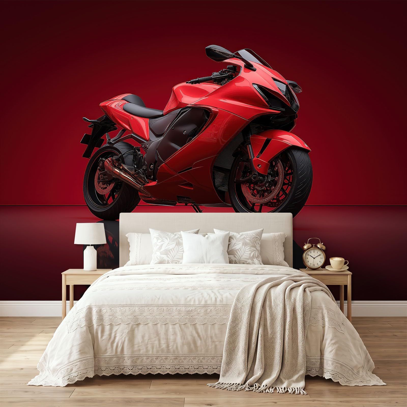 Fototapete Schlafzimmer Wohnzimmer 300x210 cm Extremsport Motorrad Rot, Wandtapete Vlies Tapete UV-Beständig Geruchsfrei Vliestapete Panorama Wandbild Wandposter