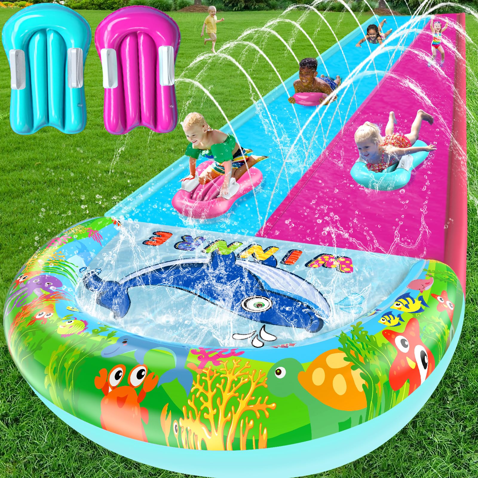 33FT Slip Lawn Water Slide for Kids Adults, Extra-Long Double Lanes Heavy Duty Slides N Side Fences, Giant Water Slide with Splash Pool, 2 Bodyboards with Handles, Slip Backyard Summer Water Play Toy