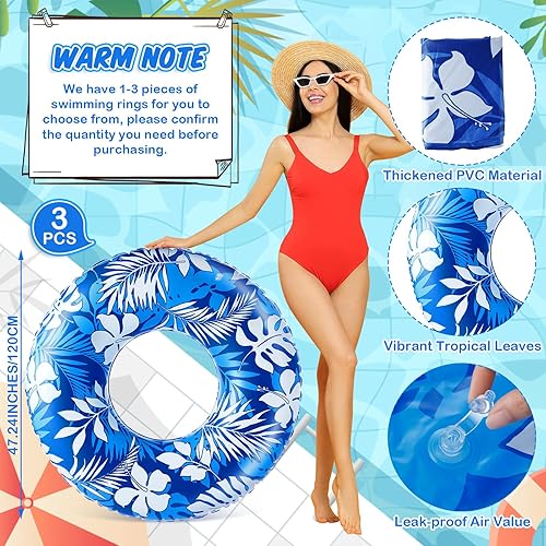 Miniatura 2 de Tubo flotante jumbo de 47.24 pulgadas para piscina, flotador grande para piscina, tubo inflable de hojas tropicales, anillos de piscina azul y