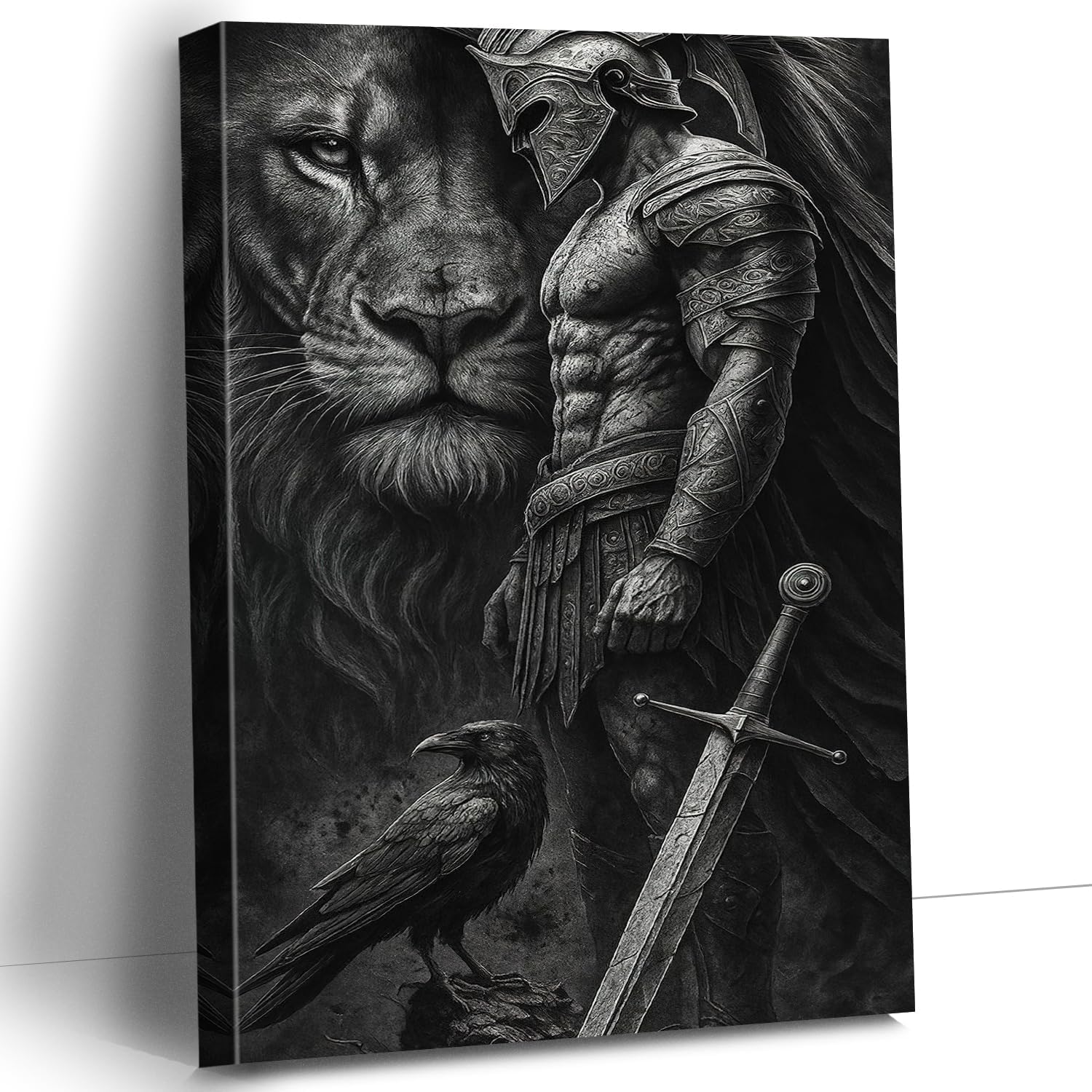 CanvasGarden Spartan Knight Canvas Wall Art, Lion and Raven Medieval Warrior Black and White Poster Armor Sword Fantasy Decor, Framed Prints for Living Room Bedroom Office Game Gift, 12x16x0.75Inch