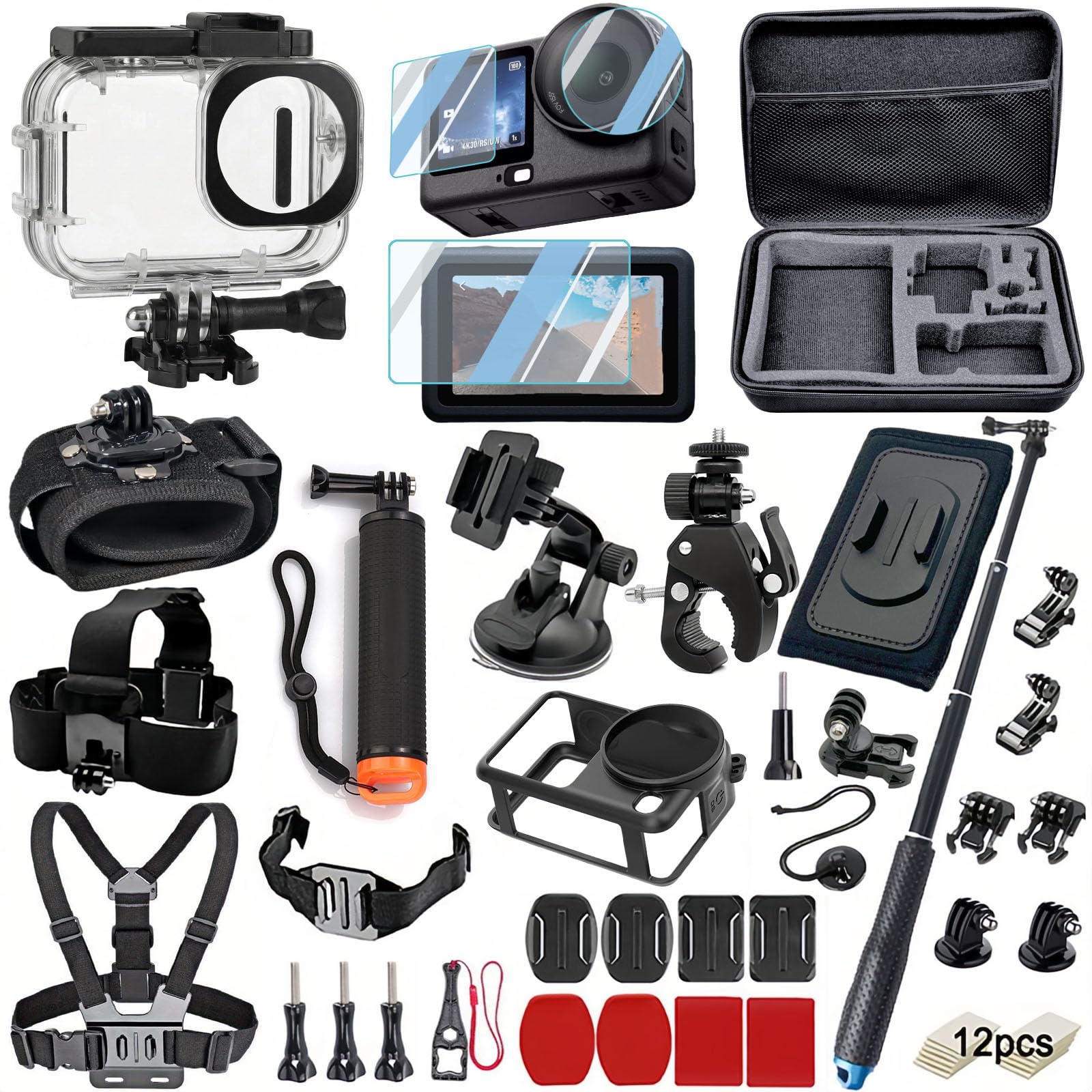 Kit de accesorios compatible con DJI Osmo Action 6, carcasa impermeable, protector de pantalla de vidrio templado, mango flotante Bobber, bolsa de transporte grande, soportes para pecho/cabeza