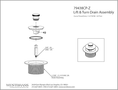 Miniatura 2 de Westbrass Tapón de drenaje de baño giratorio y cierre de rosca gruesa de 1-12" (1-78"-11.5 UNC-2A), cromado, 79438CP-Z