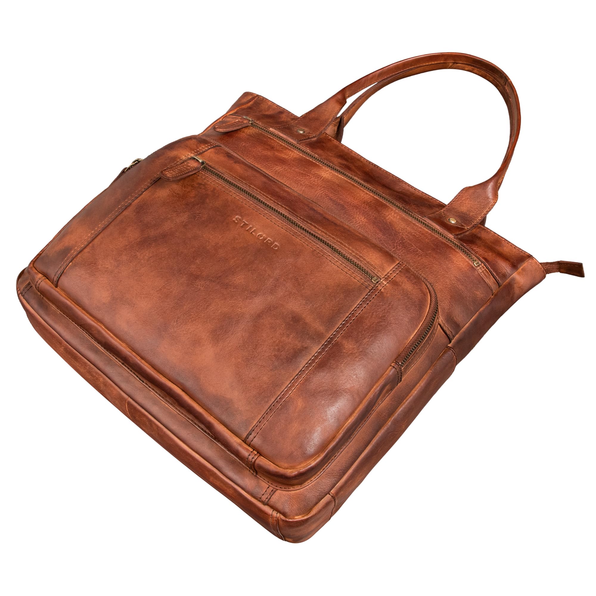 STILORD Bonnie Große Handtasche Damen Leder-Shopper mit vielen Fächern Laptop bis 15,6 Zoll Stylishe Umhängetasche für City Uni Büro Tote Bag Henkeltasche Echtleder Farbe:Brandy - Cognac