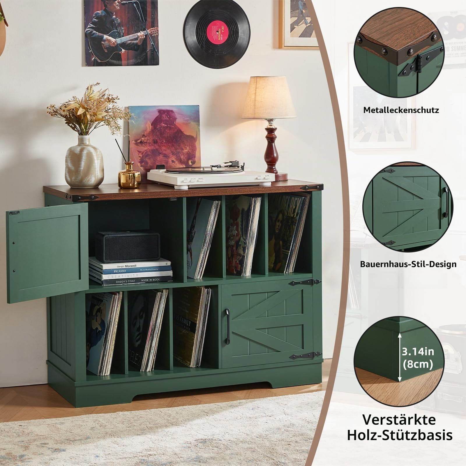 LELELINKY Großer 1m-Plattenspieler-Ständer mit Aufbewahrung, Plattenständer mit Scheunentür, Plattenregal mit Aufbewahrung für bis zu 300 Alben, Vinylplatten-Halterung für Musikzimmer, Grün