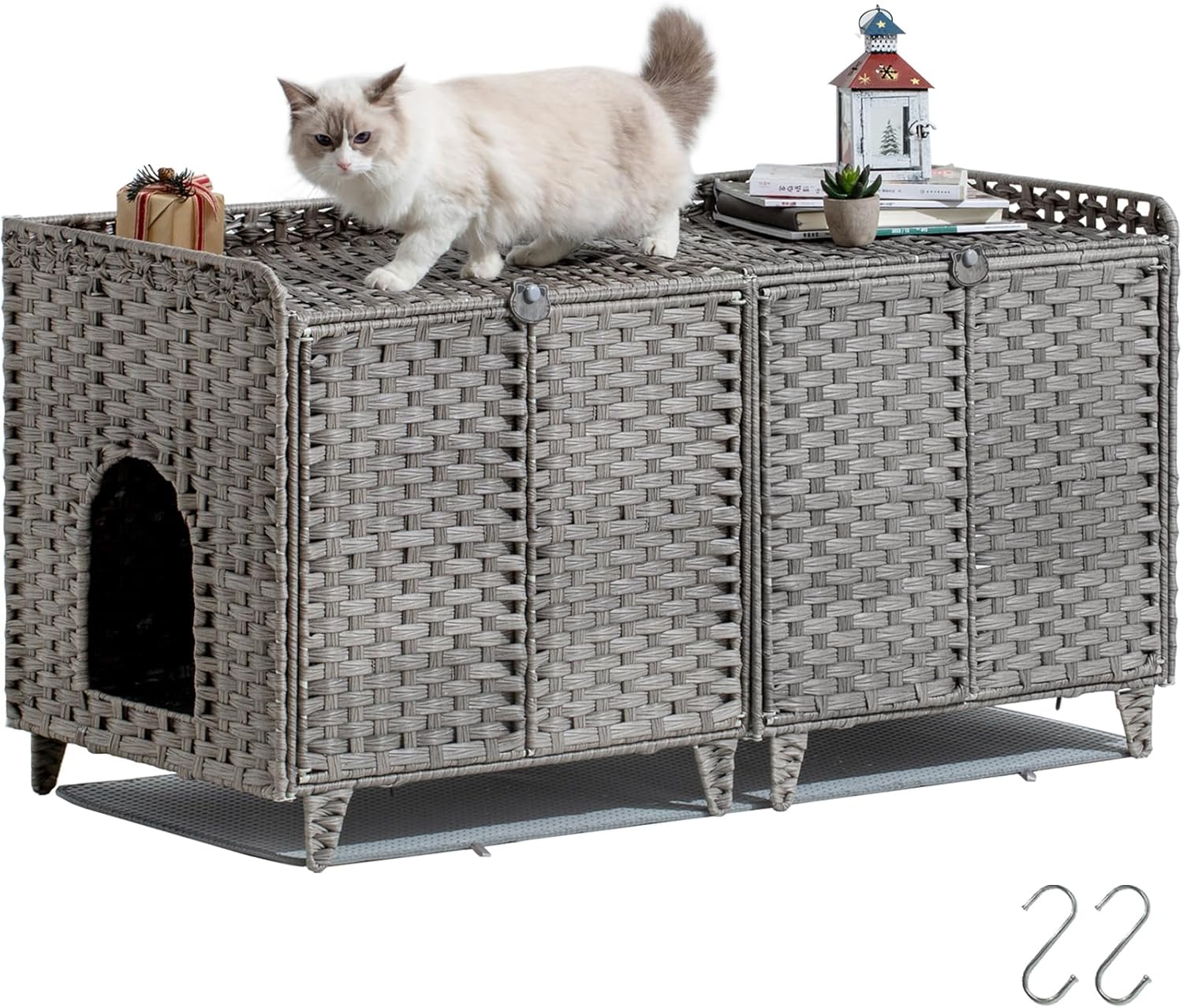 SETVSON Cat Litter Box Enclosure for 2 Cats, Double Litter Box Furniture with Litter Mat, Large Rattan Hidden Kitty Cat House with Double Room and Doors, 2 S-Shaped Hooks, 2 Inch Fence Gray