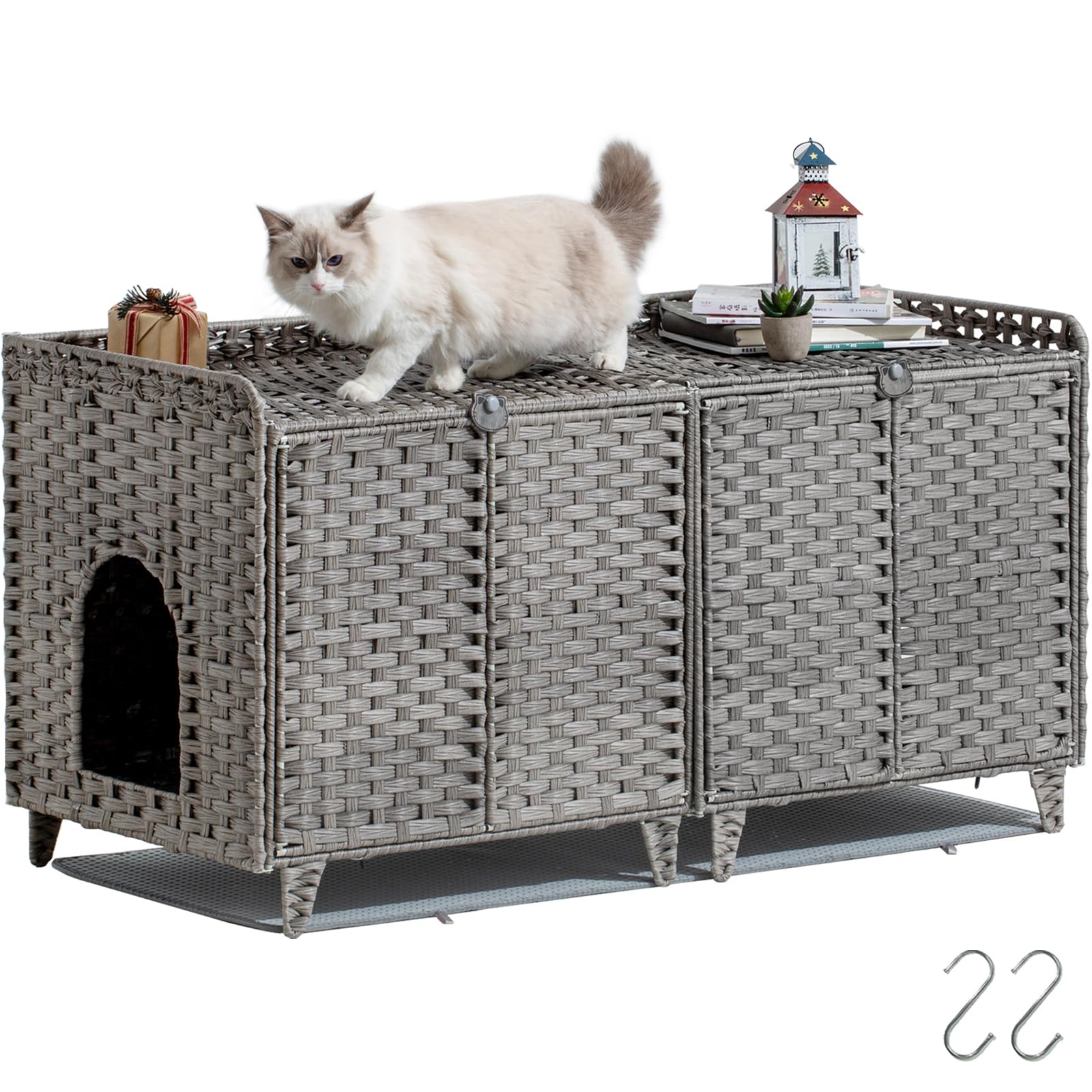 SETVSON Cat Litter Box Enclosure for 2 Cats, Double Litter Box Furniture with Litter Mat, Large Rattan Hidden Kitty Cat House with Double Room and
