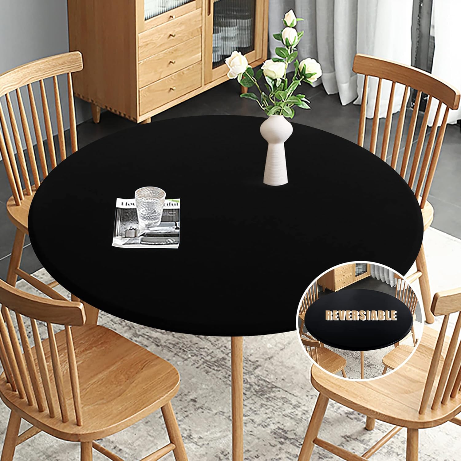 Obstal Fitted Round Table Cloth Reversible Waterproof Stain Resistant Elastic Stretch Tablecloth Wipe Clean Table Cover for Outdoor