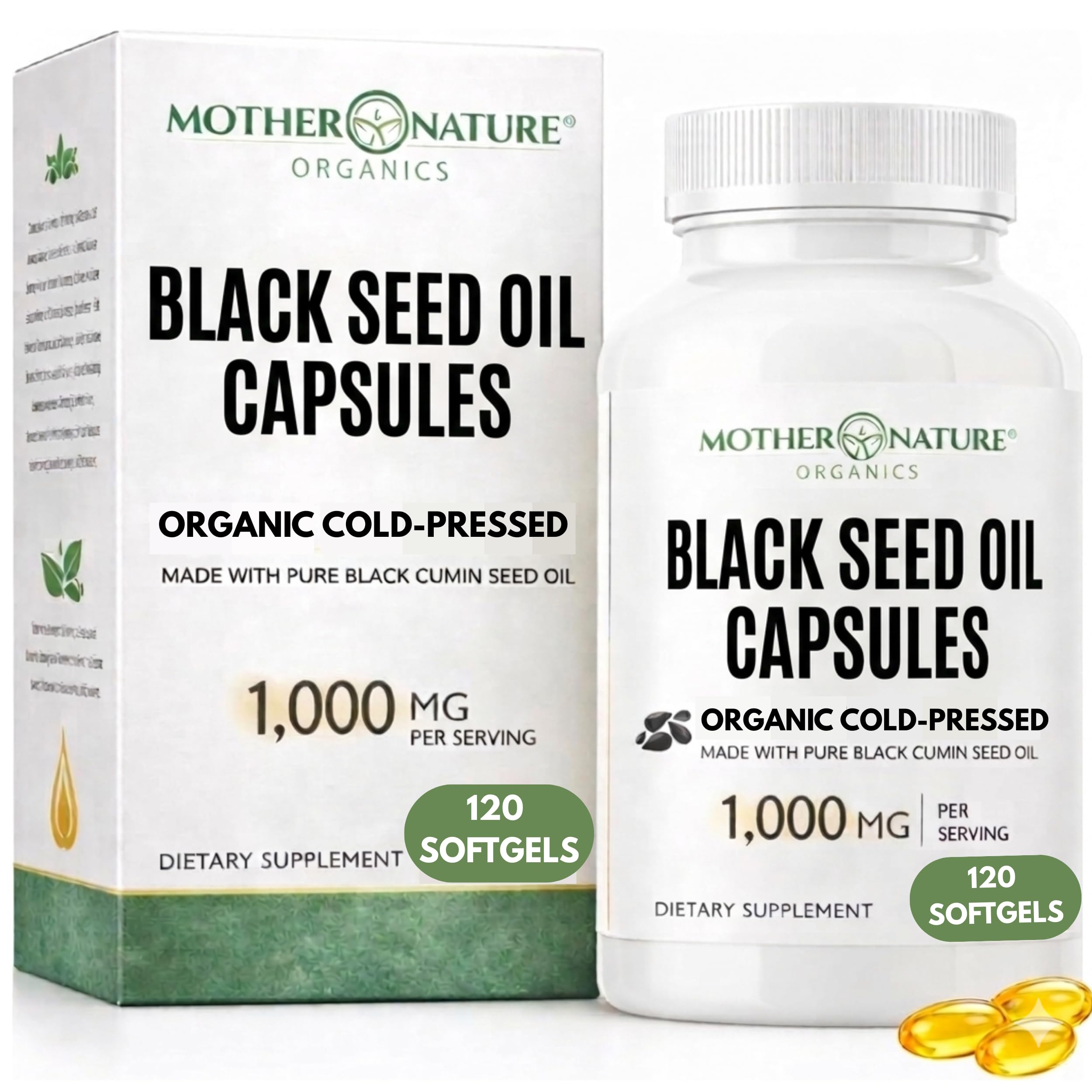 Mother Nature Black Seed Oil Capsules - Organic Cold-Pressed Cumin Nigella Sativa - Blackseed Liquid Cumin Oil for Immune Support & Digestion - High Thymoquinone TQ with Omega 3,6, & 9 - (120 Caps)
