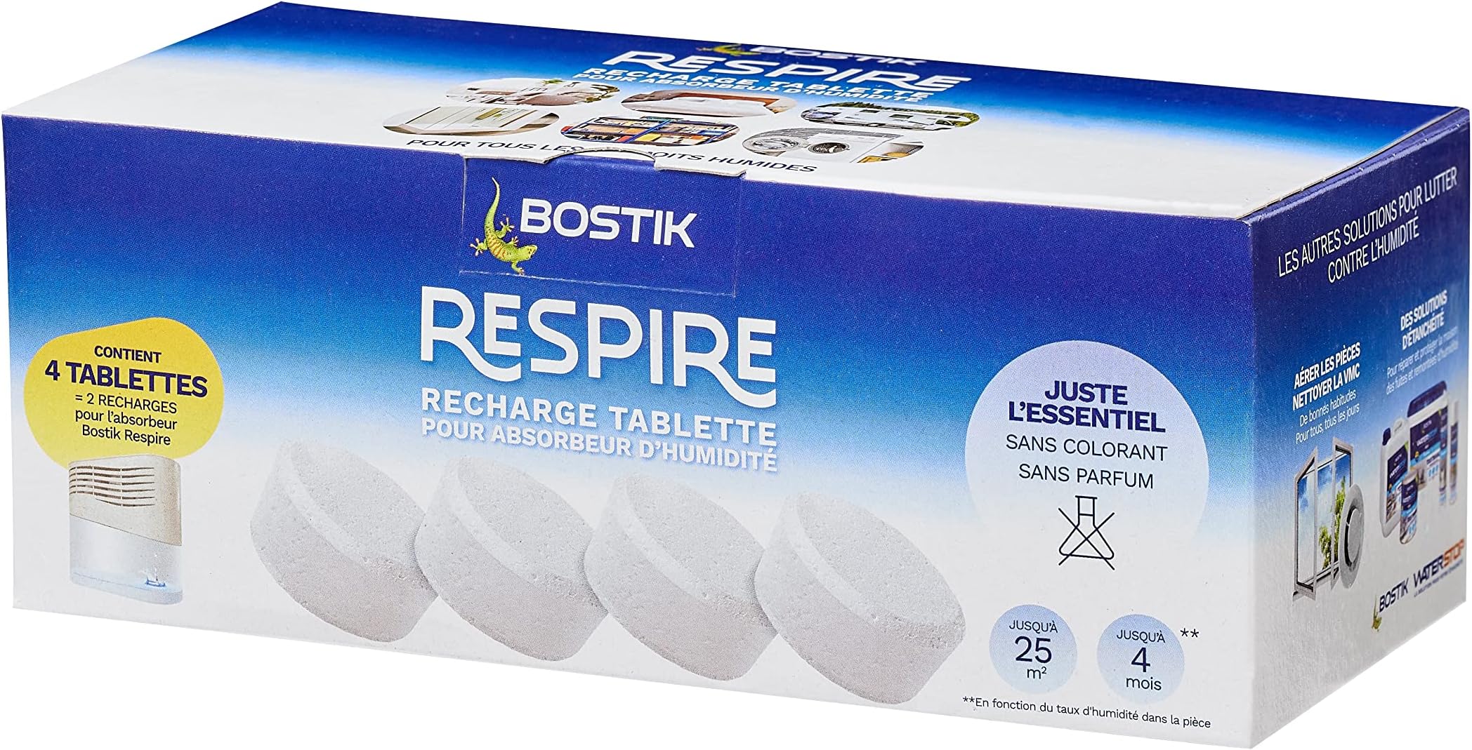 Bostik RESPIRE 30623618 Refill Tablets for Dehumidifier, No Dyes and Fragrance, for Home, Apartment and Caravan, Rooms up to 25 m², Refill Tabs, 4 x 250 g, Moisture Absorber, White