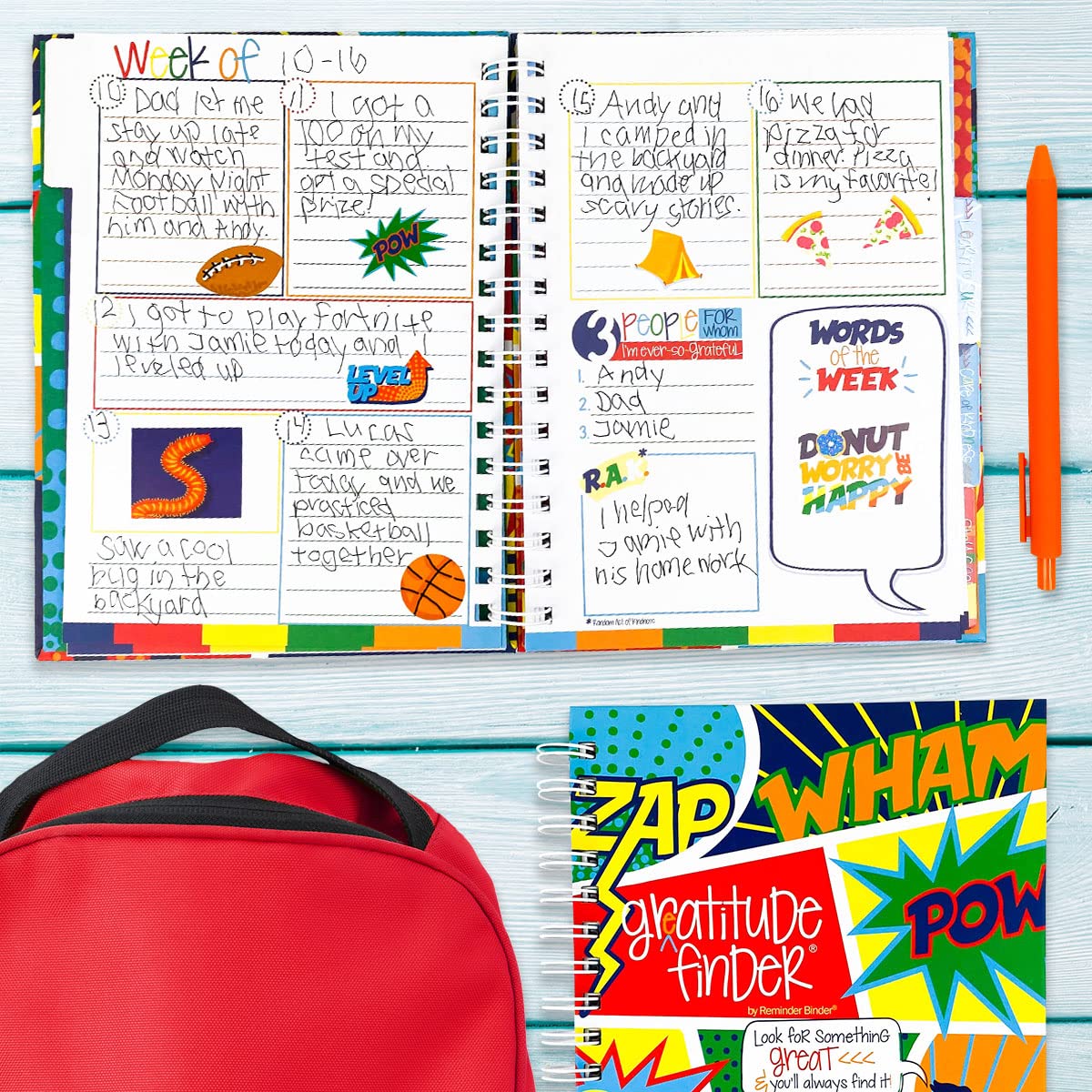 Denise Albright Gratitude Finder® - Diario de 52 semanas sin fecha para niños con 177 calcomanías totalmente geniales ilustradas a mano (Super Kiddo)