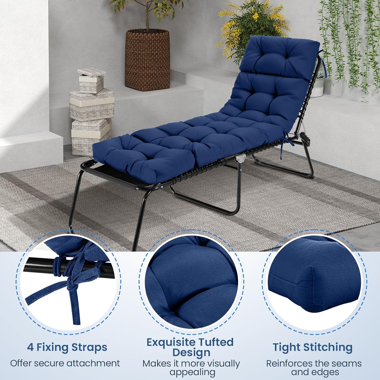 Tangkula Chaise Lounge Cushions Outdoor, 73 x 22 Inch Patio High Back Recliner Cushion with 4 String Ties, 4” Thick Padded Lounge Chair Cushion Replacement for Outdoor Indoor Furniture (4, Navy Blue)