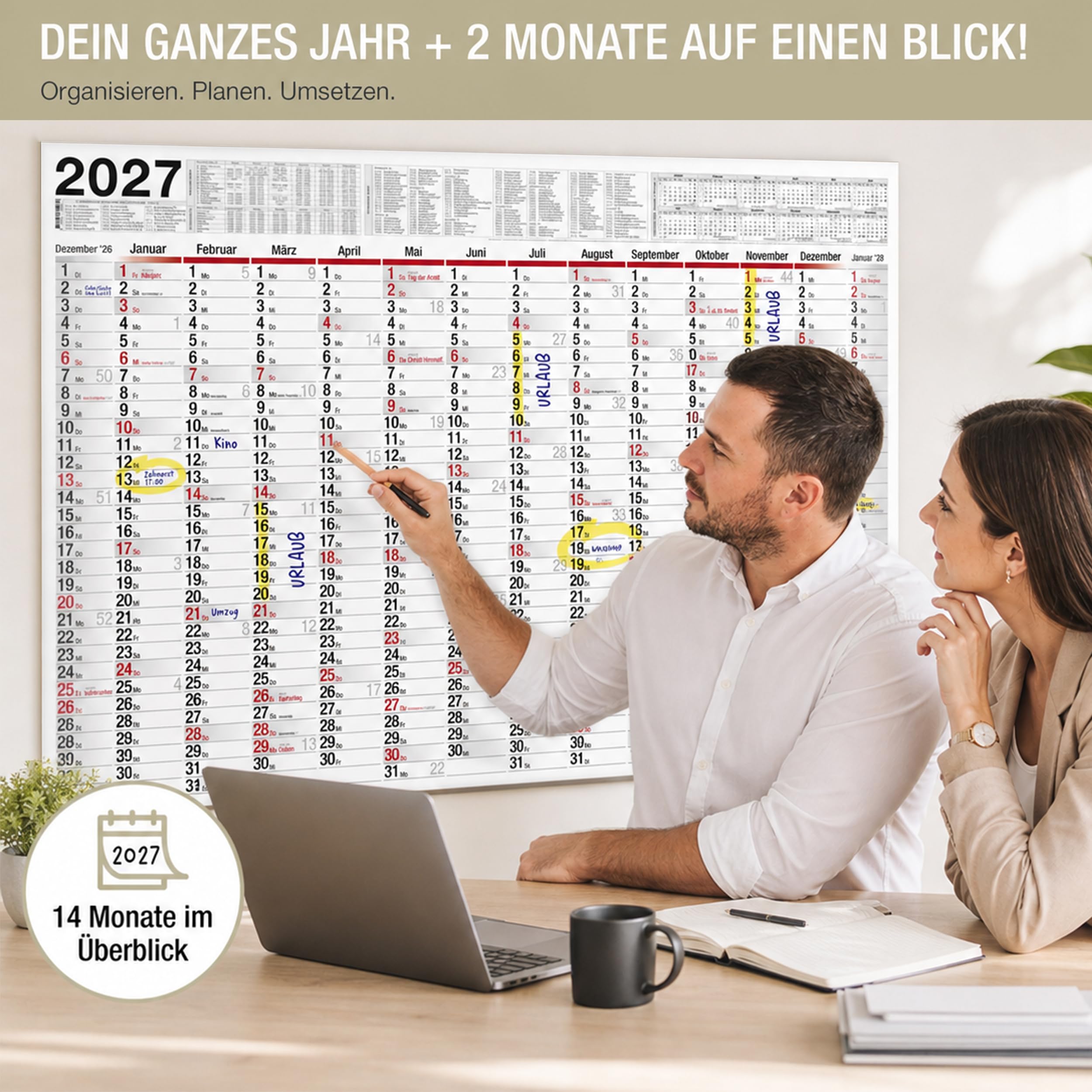 TOBJA Kalendarz ścienny 2026 duży z świętami i feriami DE, AT | Planer roczny 2026 kalendarz ścienny 100x70 cm | XXL kalendarz ścienny składany | Wysokiej jakości kalendarz [1 sztuka składana]