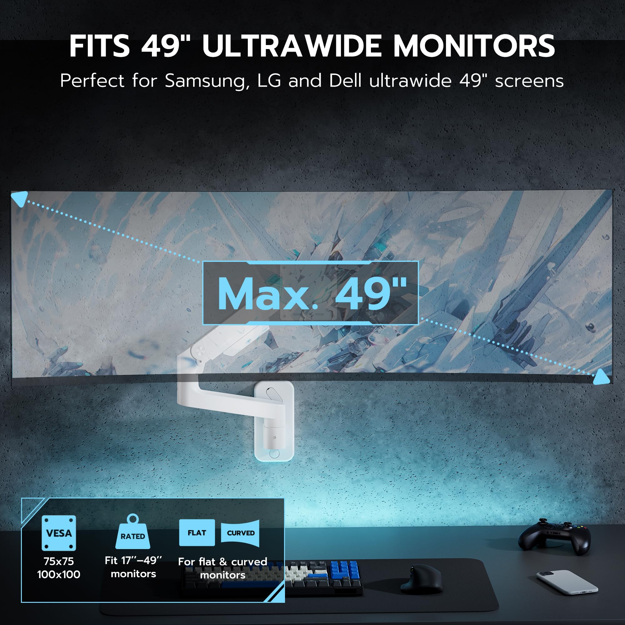 ARES WING Supporto da parete per monitor Ultra Wide 17-49",Bianco | 20 kg/braccio, molla a gas PC, monitor Hatlert, parete completamente regolabile, per ufficio e giochi, VESA 75/100