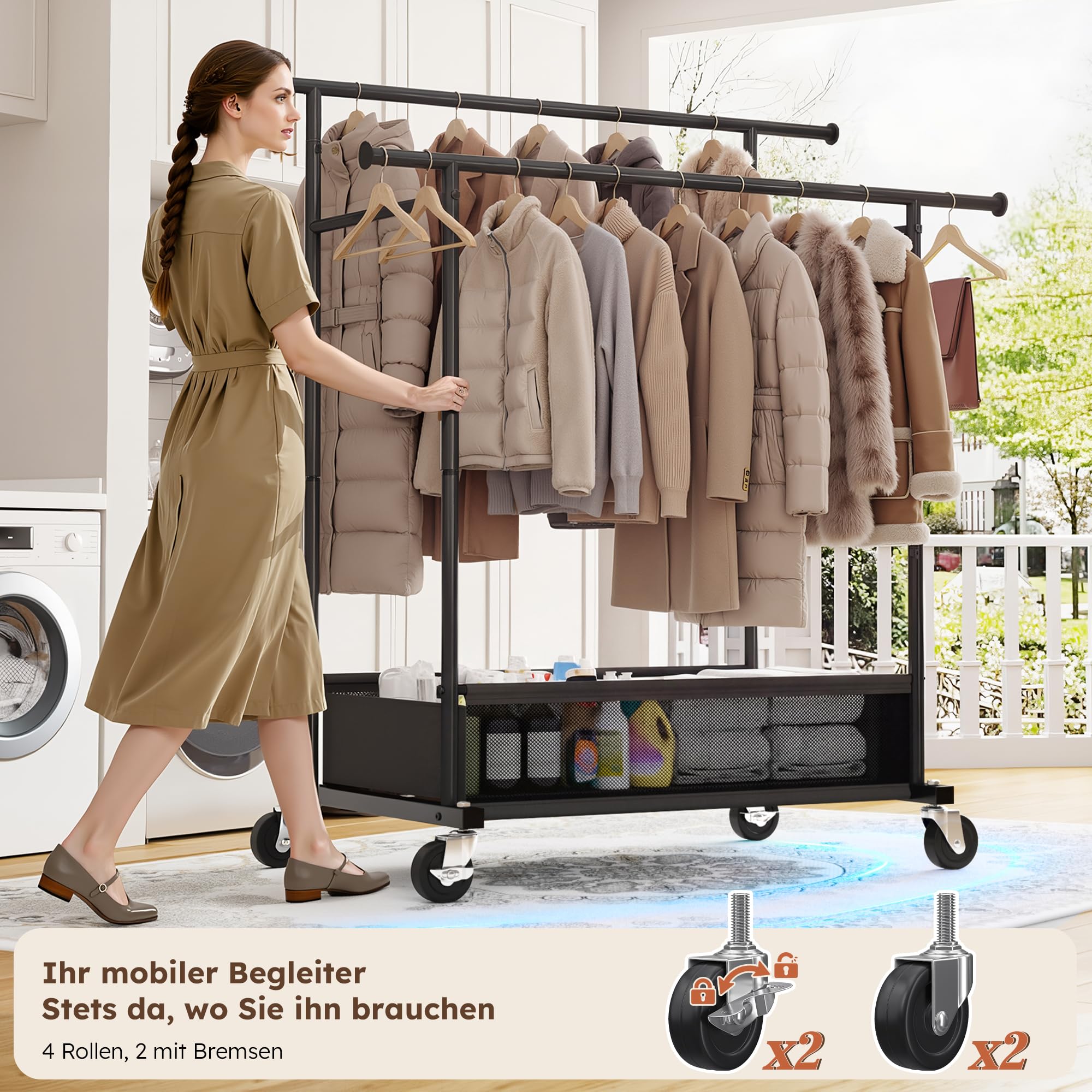 110cm Doppelter Kleiderständer auf Rollen, 110KG Traglast Stabil Kleiderständer mit 48L Wäschekorb, Kleiderstange für Mäntel, Jacken, Pullover, Kleider, Schlafzimmer, Mietwohnung, Schwarz